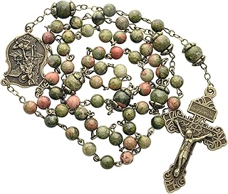 Natural Stone St. Michael Rosary – Handcrafted Green & Earth-Tone Gemstone Beads with Antique Bronze Crucifix and Medal