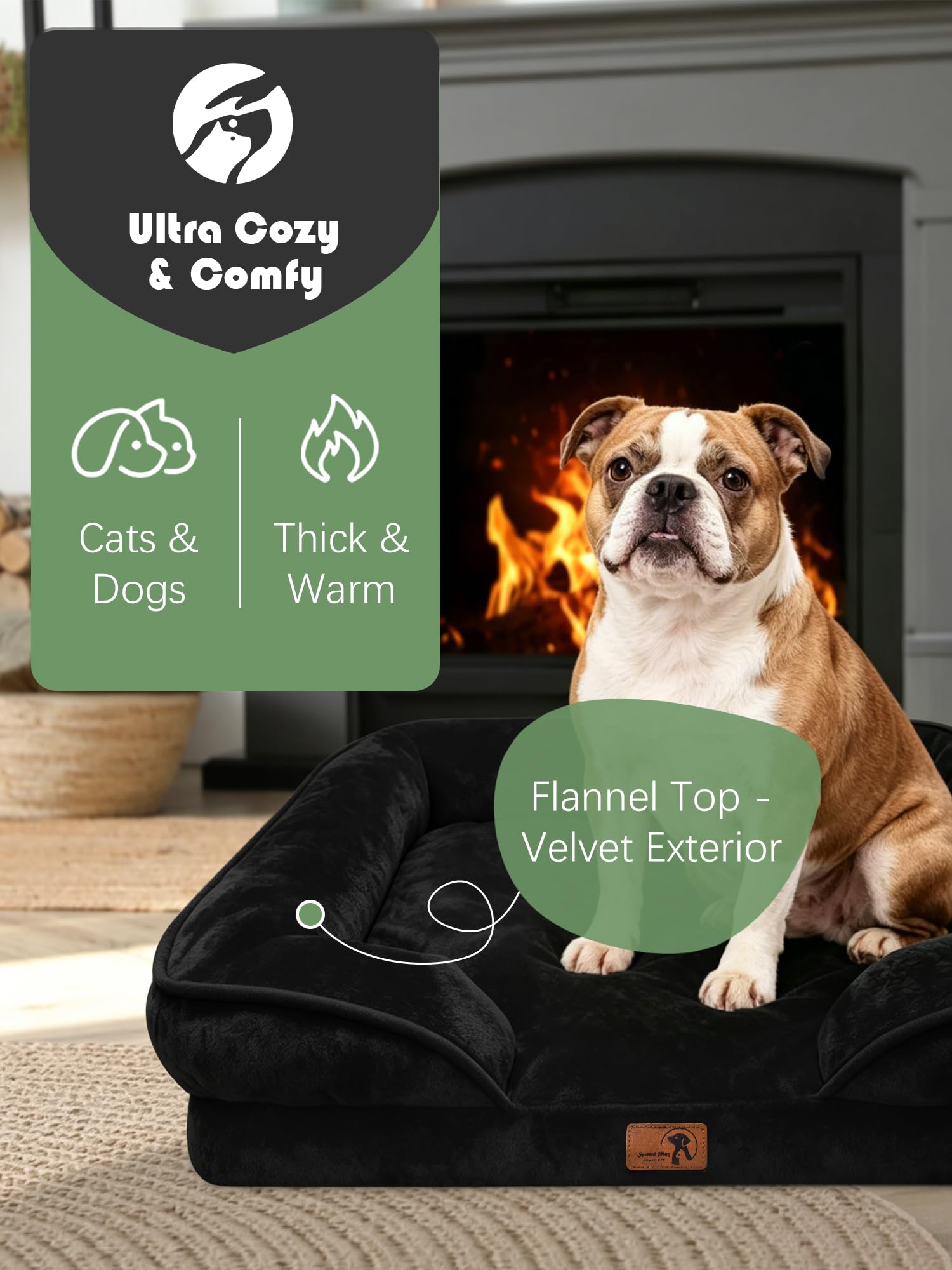 Spotted Play Orthopedic Dog Bed with Sides - Sofa Beds for Large Dogs, Supportive Foam Pet Couch Bed with Washable Removable Cover, Waterproof Lining and Non-Slip Bottom, Black - L view 2