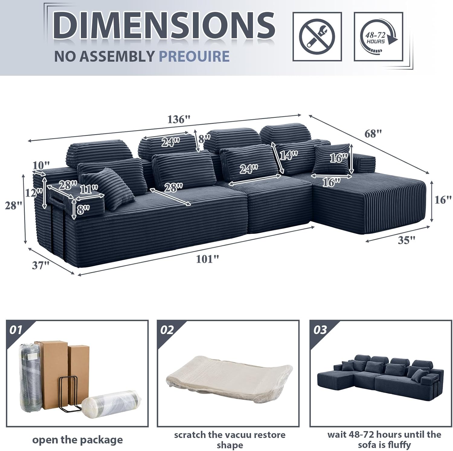136" Oversized Modular Sectional Sofa, Cloud Couch with Deep Seat L Shaped Sofa Corduroy Boneless Sleeper Sofa Couch No Assembly Needed for Living Room Apartment,Dark Gray