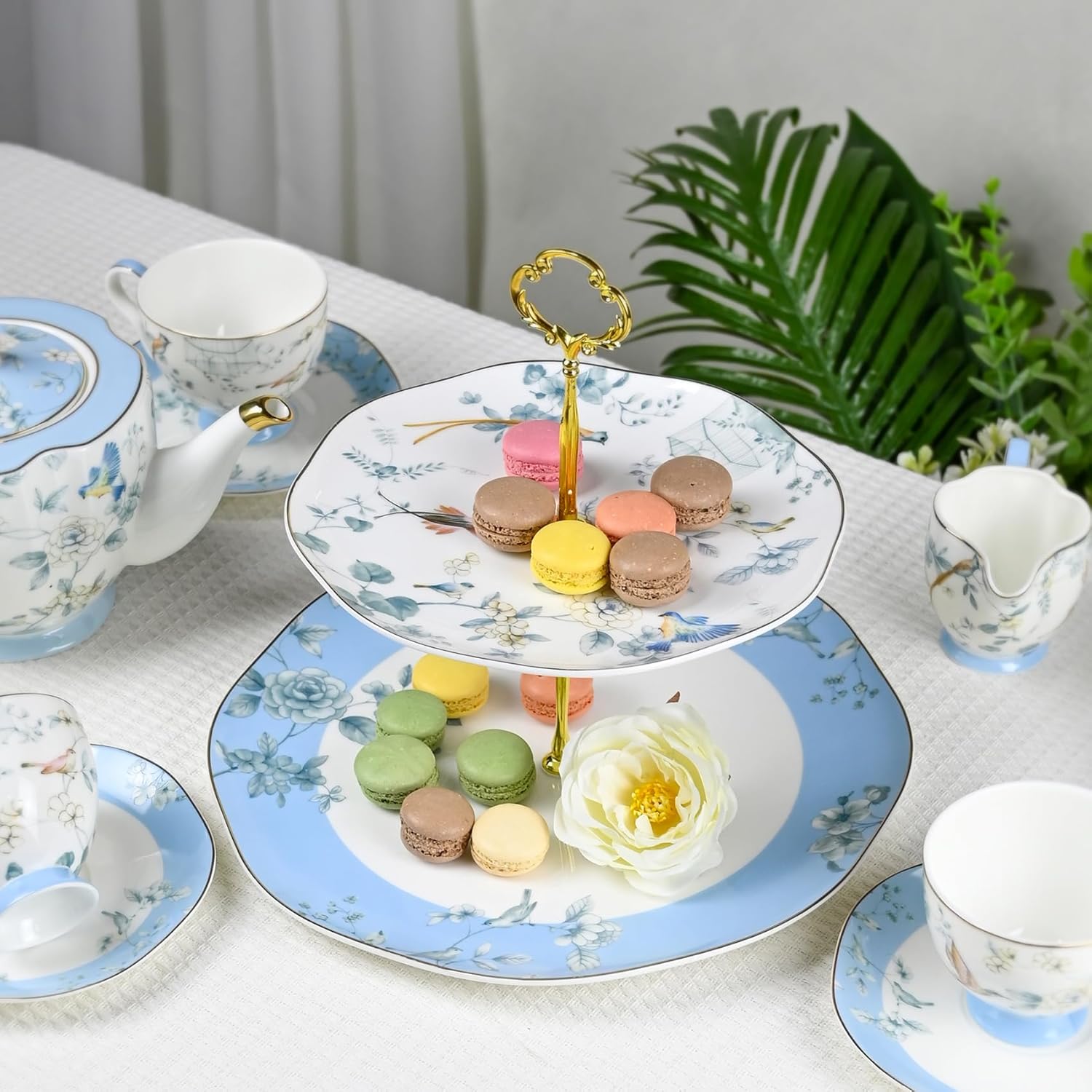 3-Tier Afternoon Tea Stand, Porcelain Cupcake Stand Serving Tray, Blue and White Bone China Cake Stand, Pastry Serving Stand for Tea Party, Wedding and Birthday (LN 3 Tiers)