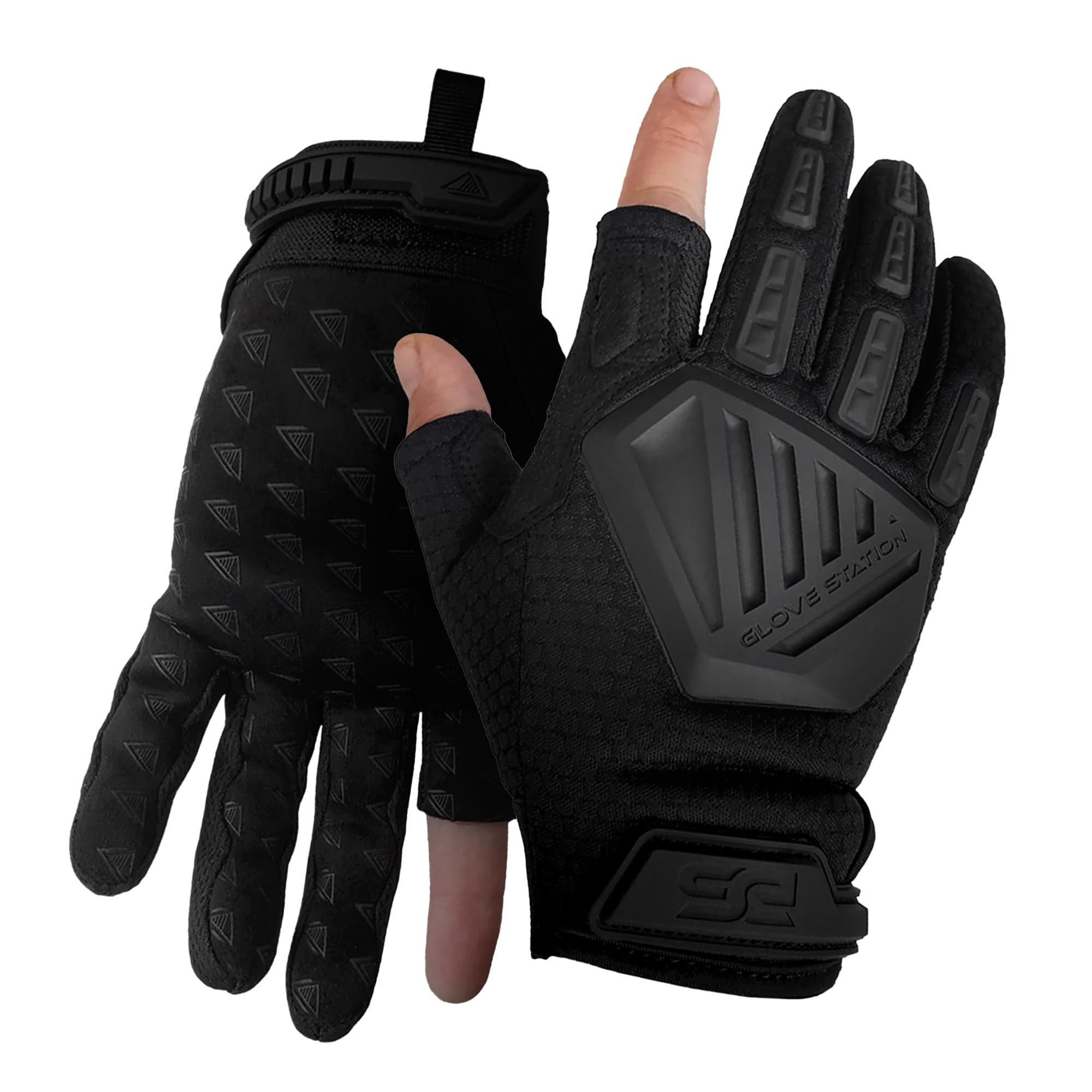 Glove Station The Shooter Work Tactical Gloves - Black (Medium), Suede Leather Palm, Knuckle Protection for Men, 2 Fingerless Design for Paintball, Riding and Motorcycle Use