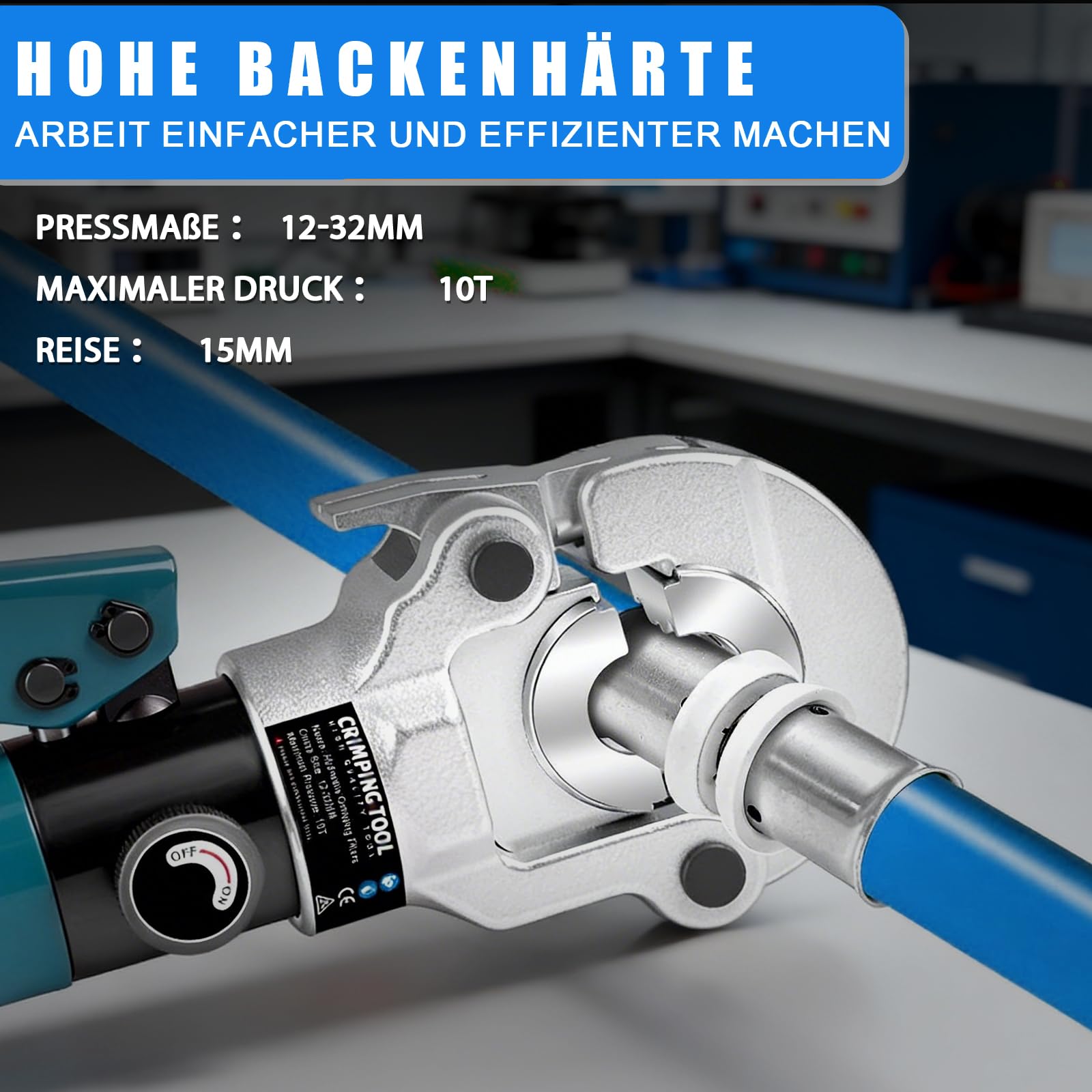 Profi Kupferrohrzange Hydraulisch Kupferrohr zange Presswerkzeug mit TH-Kontur inkl. TH16 TH20 TH26 TH32, Presszange mit 180° drehbarem Kopf für Kupferrohr, C-Stahlrohr, Edelstahlrohr, Backeneinsätze