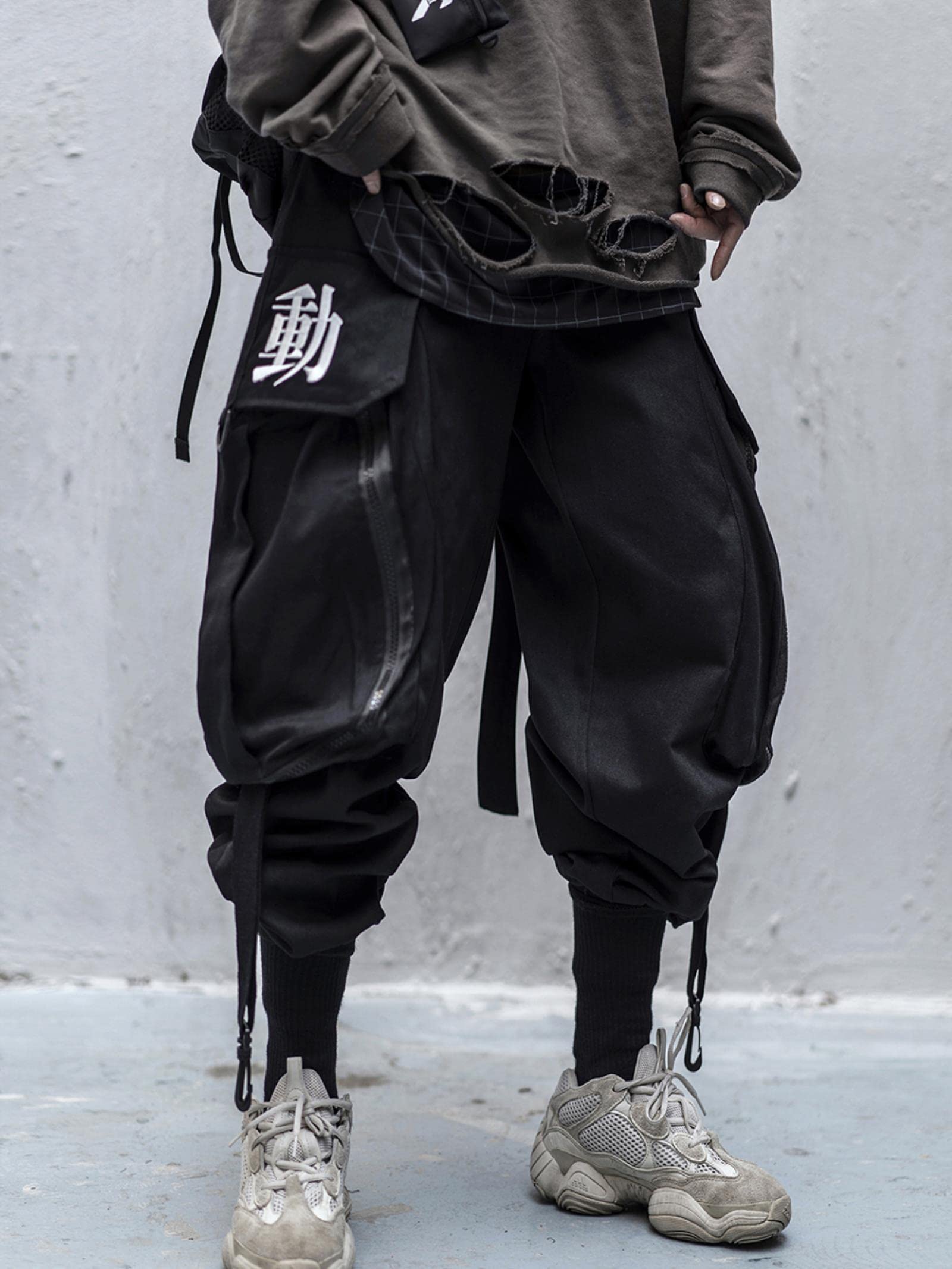 Yujun Japonés Streetwear Techwear Pantalones de Carga para Hombres Baggy Wide Black Jogger