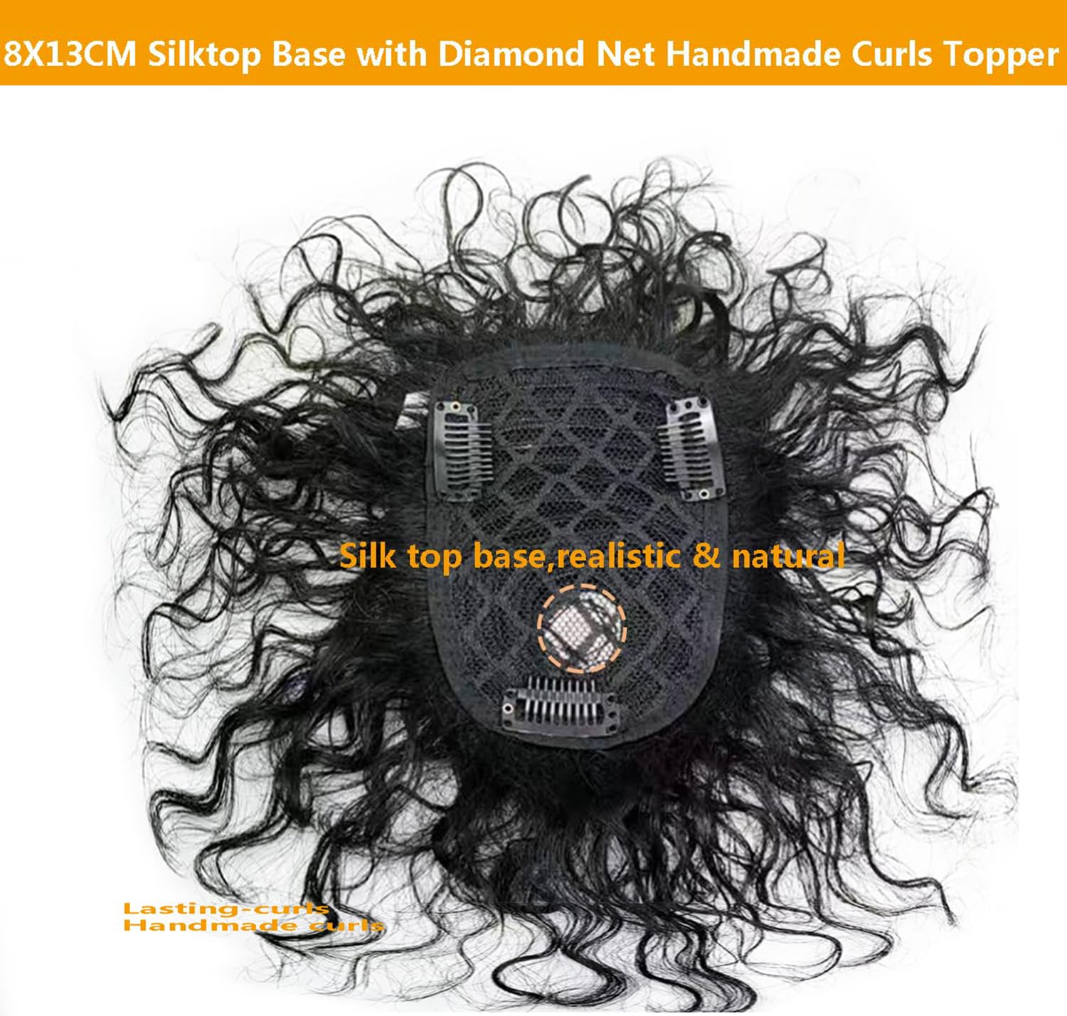 Breathable Elastic Curly Wave Human Hair Topper Clip in Silktop Replacement Hair Pieces for Women with Thinning Hair Add Volume Black