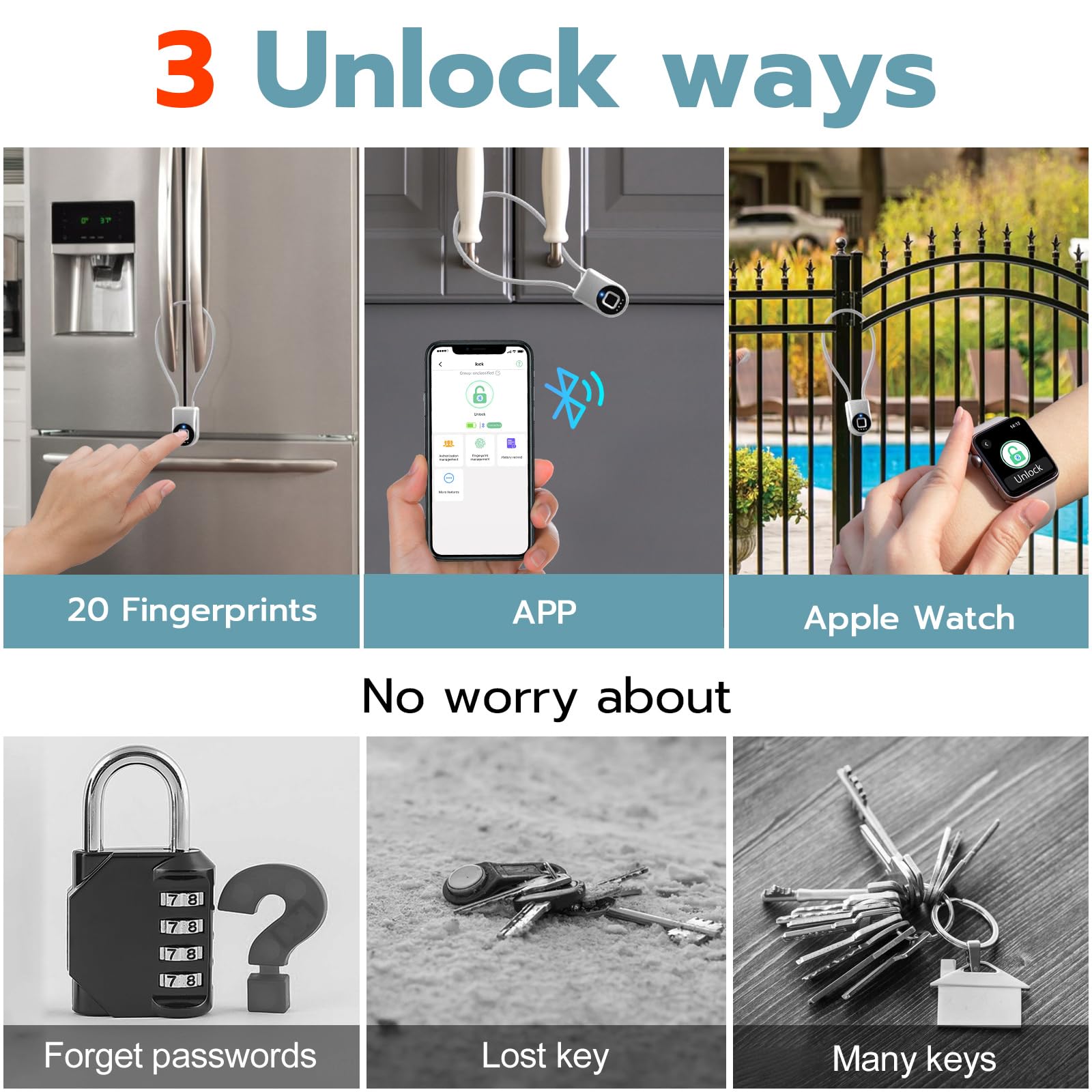 Câble antivol à empreintes digitales avec anse longue épaisse de 15,2 cm - Cadenas Bluetooth biométrique biométrique intelligent pour extérieur - Étanche - Pour portail, clôture,