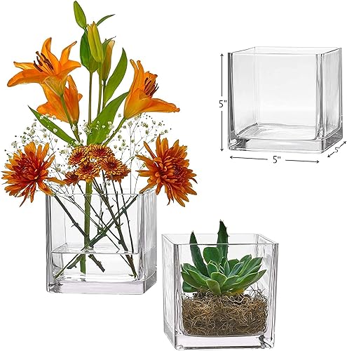 Miniatura 3 de PARNOO Juego de 12 jarrones cuadrados de vidrio de 4 x 4 h  Jarrón transparente en forma de cubo, portavelas  Perfecto como centro de mesa de boda,