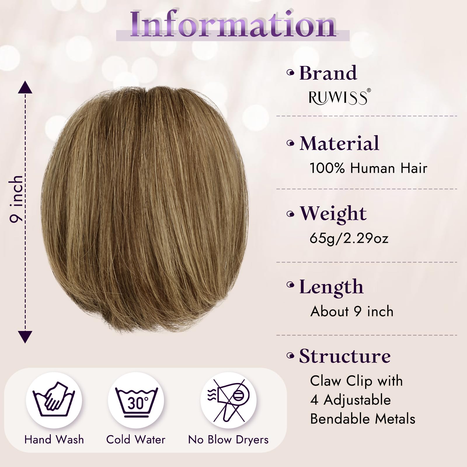 RUWISS Pferdeschwanz Haarteil mit Klammer Echthaar Kurze 22cm Ponytail Extension mit Biegbaren Metall für DIY-Frisuren Gerade Messy Bun Haarteil für Damen, Braun mit Blonden Highlight