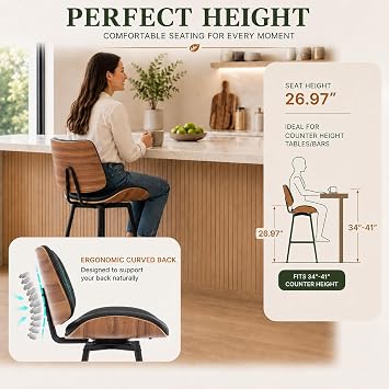 Breakfast Bar Stools, 360° Swivel Kitchen Stools Modern Style, Armless Barstools 27 Height with Metal Legs, Bar Chairs with Upholstered PU Leather (Black, Set of 4)