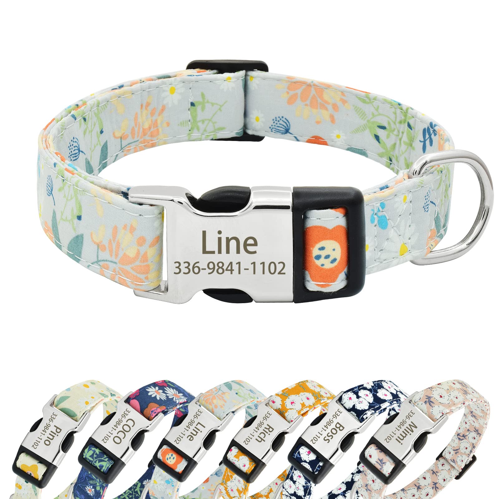 Senristar Personalised Floral Dog Collars with Name, Custom Flower Print Dog Collars with Engraved Buckle for Small Medium Large Dogs (S(Width:3/5'' Neck:9.5-14.0''),Gray Floral)