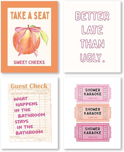 Miniatura 13 de Pleonox Cuadros de Arte de Pared de Baño Retro Azul de Tendencia en Lienzo 8x10 Pulgadas Juego de 4, Imágenes Azules Elegantes para Invitados,