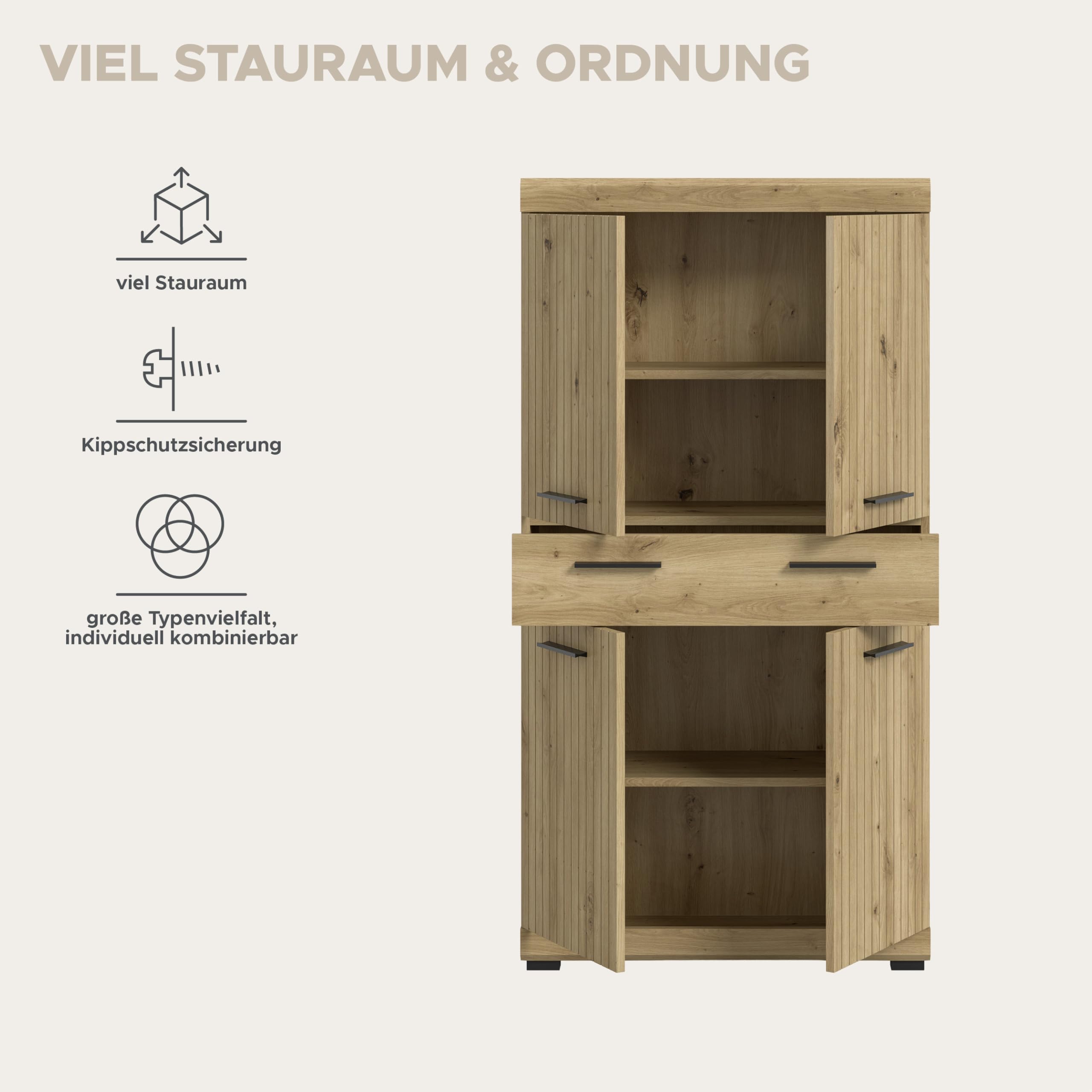 xonox.home – Midischrank Scout 74x141x31 cm in Artisan & Schwarz – Mittelhoher Badschrank mit 4 Türen & 1 Schubkasten –eschlossene Fächer bieten optimalen Platz für Ihre tägliche Routine im Bad – Bild 9