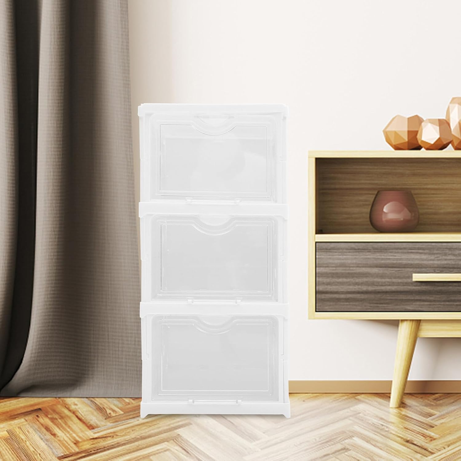 Stackable Shoe Boxes with Lids Foldable Shoe Organizer Storage Container for Closet 3-layer Drawer Style for Entryway and Home Use