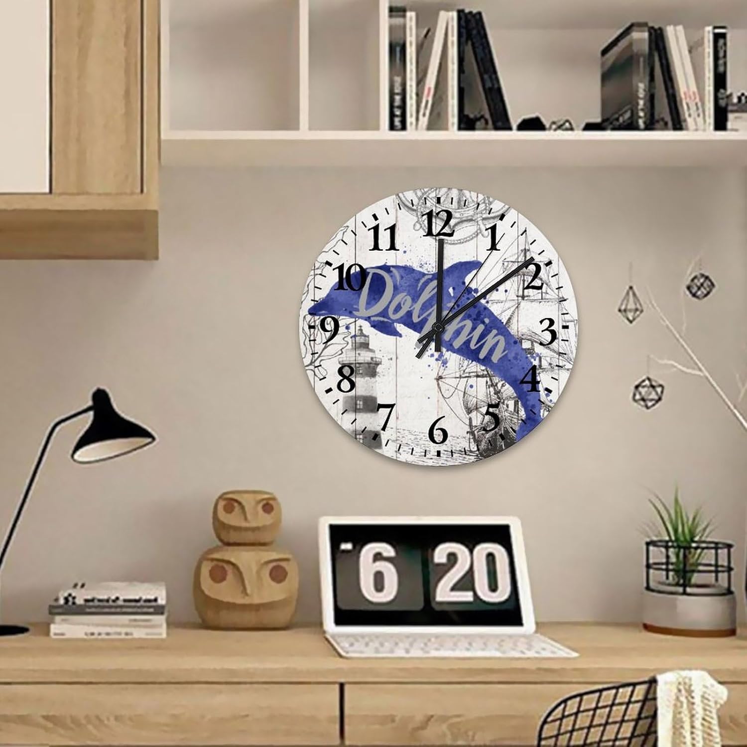 15" Silent Non-Ticking Wall Clocks Nautical Beach Ocean Underwater Whale Wooden Wall Decor for Classroom Turtle Sea Life Seaturtle Seahorse Frameless Round Wooden Wall Clock Vintage for Gym Washroom
