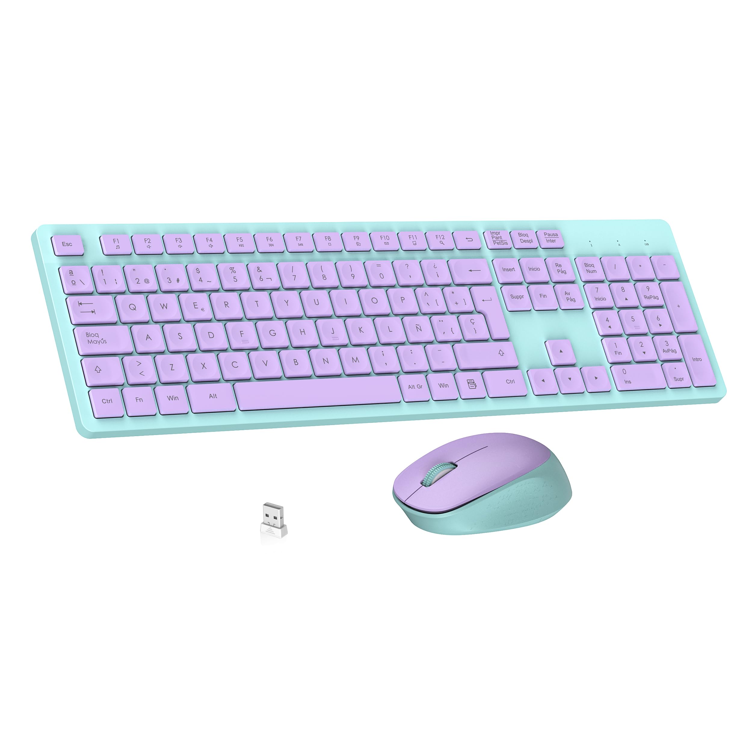 LeadsaiL Teclado y Raton Inalámbrico, Teclado y Raton Inalambrico Ergonómico, Español QWERTY, Tamaño Completo con Teclado Numérico, Receptor USB 2.4 GHz for Mac, PC, Ordenador Portátil-Violeta Verde