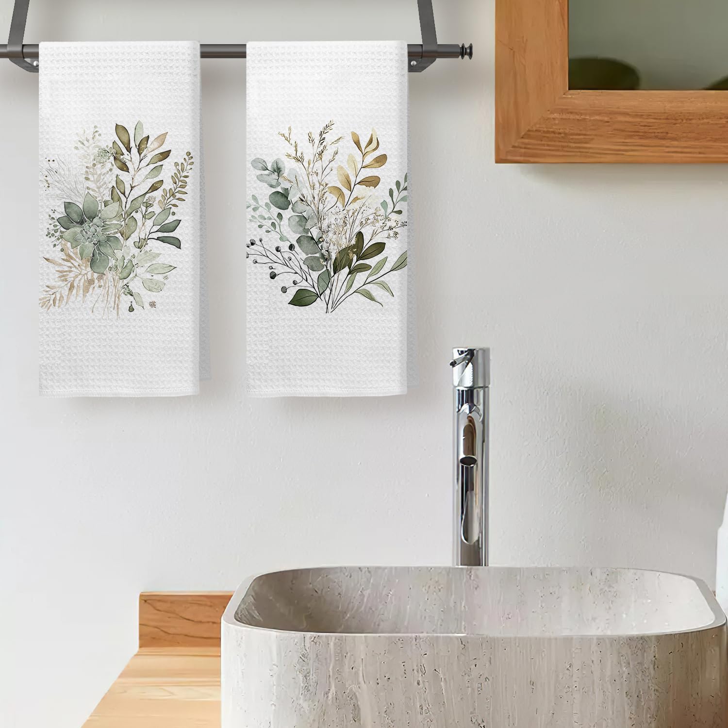 Sage Green Eucalyptus Kitchen Towels Set of 4, Watercolor Sage Green Leaf Decorative Hand Towels for Bathroom Kitchen, Eucalyptus Bathroom Decor,16x24 Inches