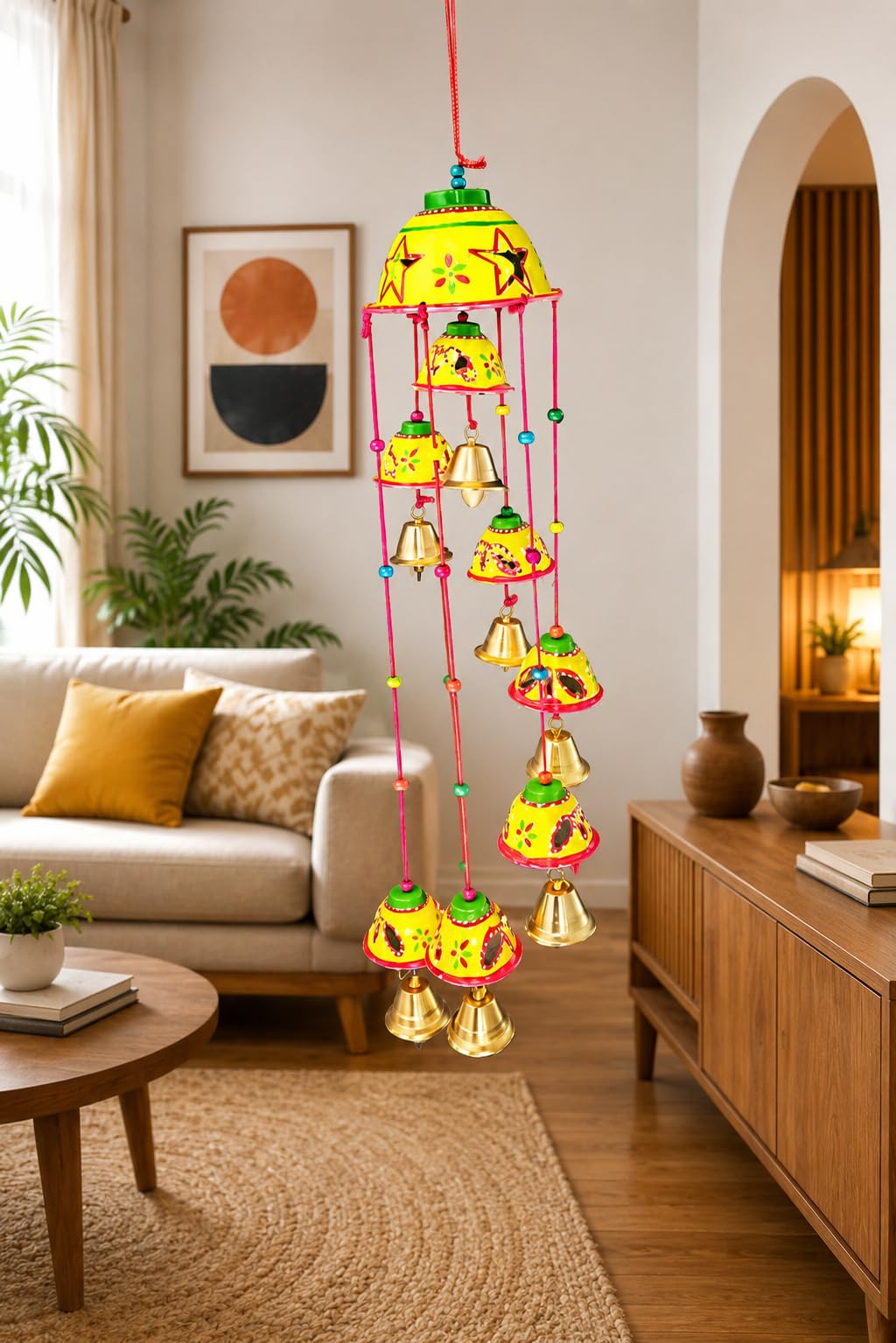 Handpainted Clay Bell Wind Chime, Yellow Multicolour Hanging Decor | Traditional Indian Art, Brass Bells, Wall Hanging, Festive Decor, Colourful Beads-image-36
