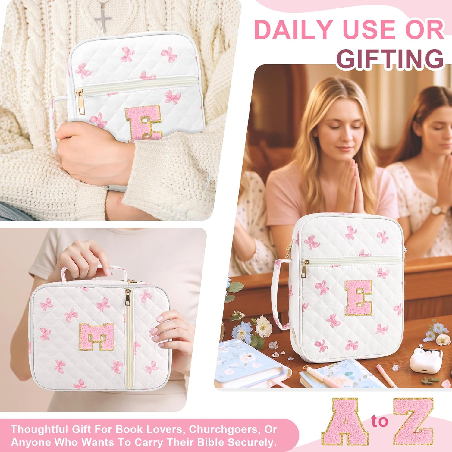 Personalized Initial Bible Cover Case for Women Girls Kid - Large Quilted Bible Case with Handle, Stylish Chenille Letter Bag Study Supplies, Perfect Christmas Gifts for Christians Women (Pink Bow-E)