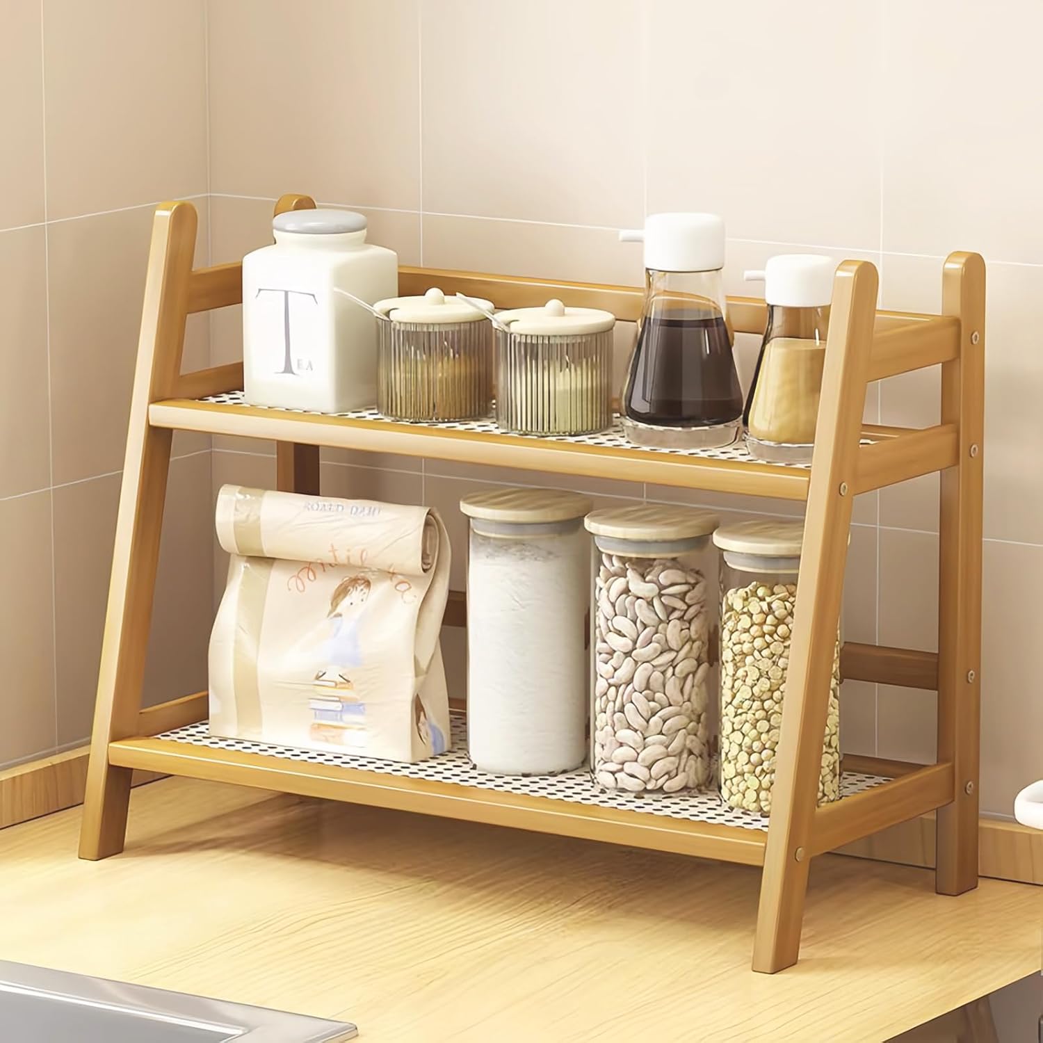 Coffee Station Organizer, Bamboo Mug Holder Countertop, Kitchen Counter Shelf for Tea Coffee Bar Accessories, Matcha Stand, Cup Display, Condiment Storage Rack (patent pending)