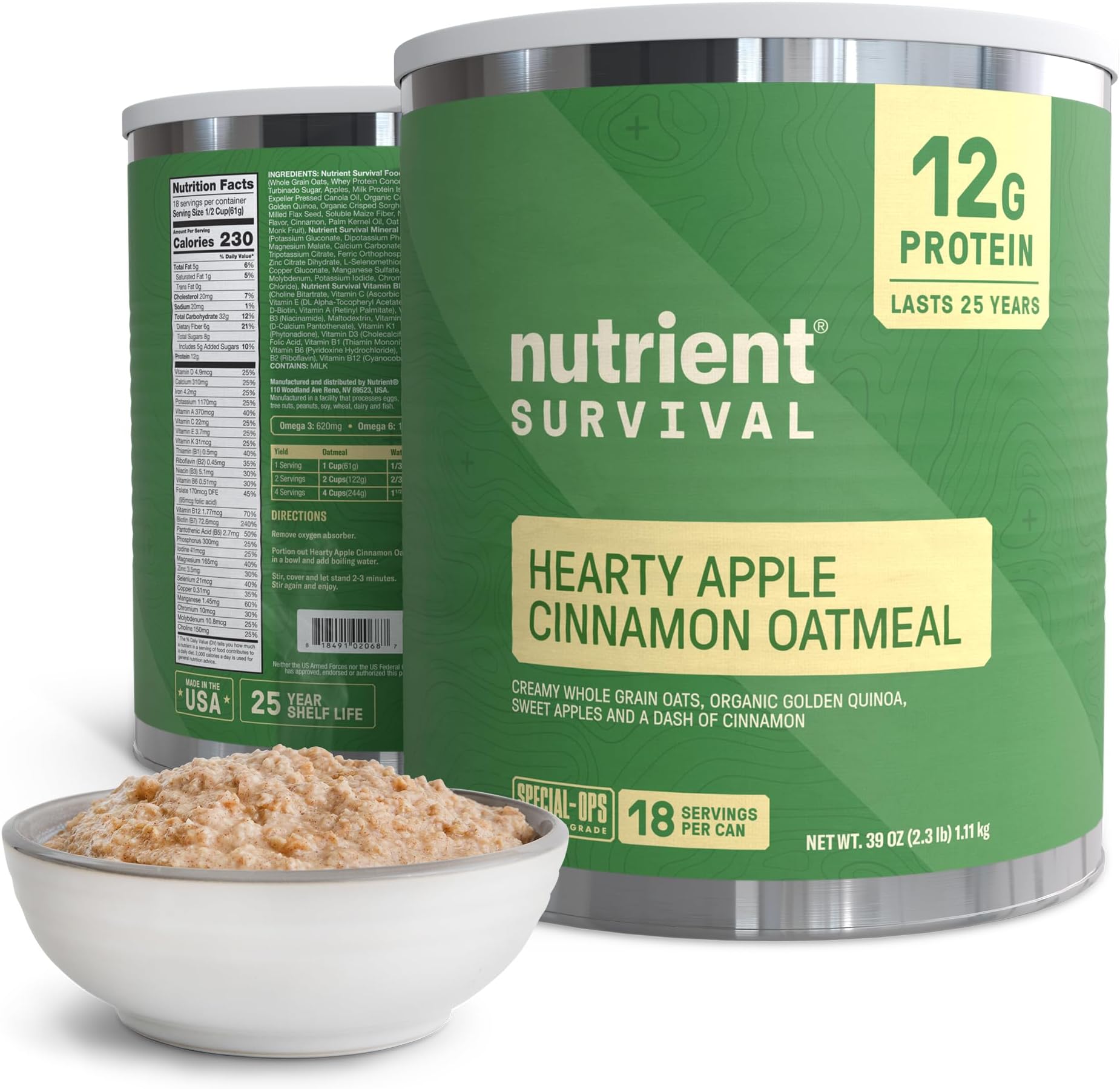 High Protein Oatmeal Instant, Hearty Apple Cinnamon, Freeze Dried Prepper Supplies & Emergency Food Supply, 40 Essential Nutrients, Gluten Free, Shelf Stable Up to 25 Years, One Can, 18 Servings