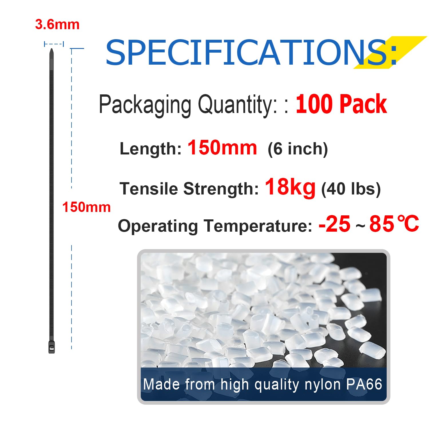 1000 pack Cable Ties, 6 inch Zip Ties Black, 150 x 3.6mm Nylon Ties 40lbs Tensile Strength with UV Resistant - Image 2