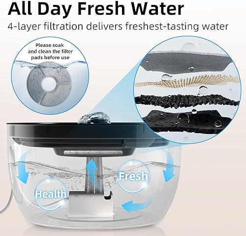 Miniatura 5 de Casfuy W8 - Fuente de agua silenciosa de acero inoxidable para perros y gatos con luz LED, color negro, 102 onzas