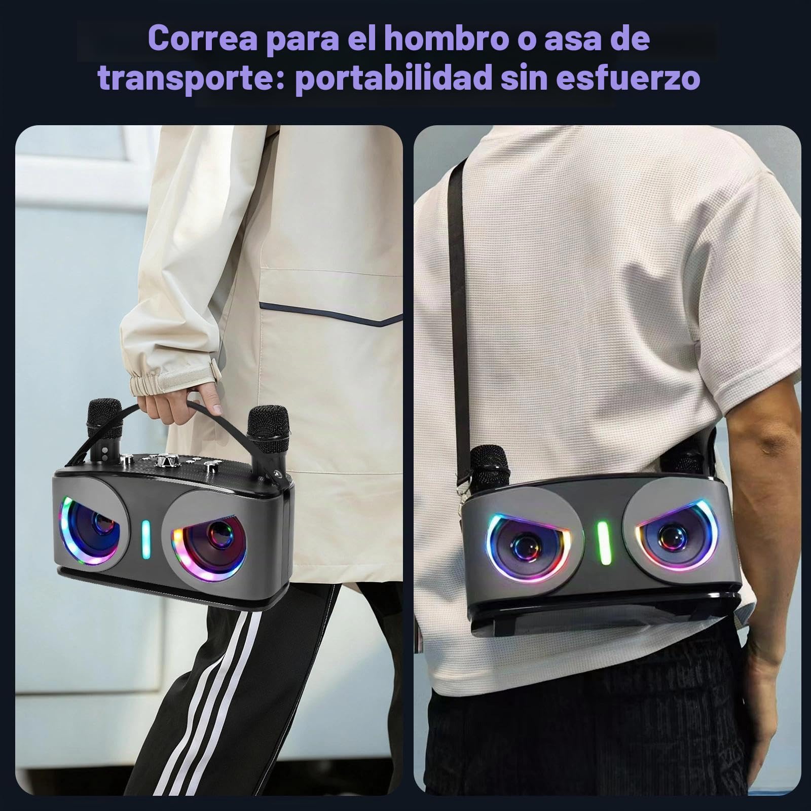 Máquina de Karaoke, con 2 Micrófonos Inalámbricos, Bluetooth 5.3 Sistema de Karaoke Portátil con Luces LED para Fiesta en Casa, al Aire Libre y Boda, Soporta TWS/TF Card/USB/AUX (Negro)