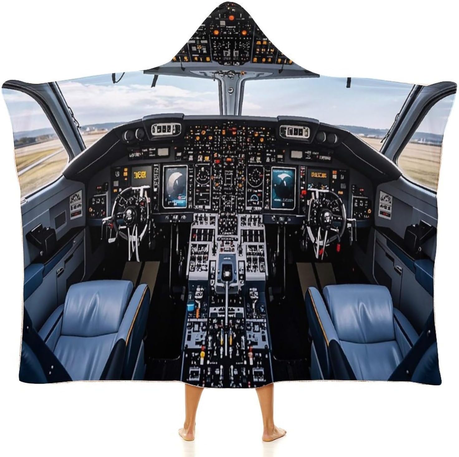 Airplane Cockpit Wearable Fleece Blanket with Hood for Men & Women Oversized Hoodie Blanket Soft Cozy Gift-
