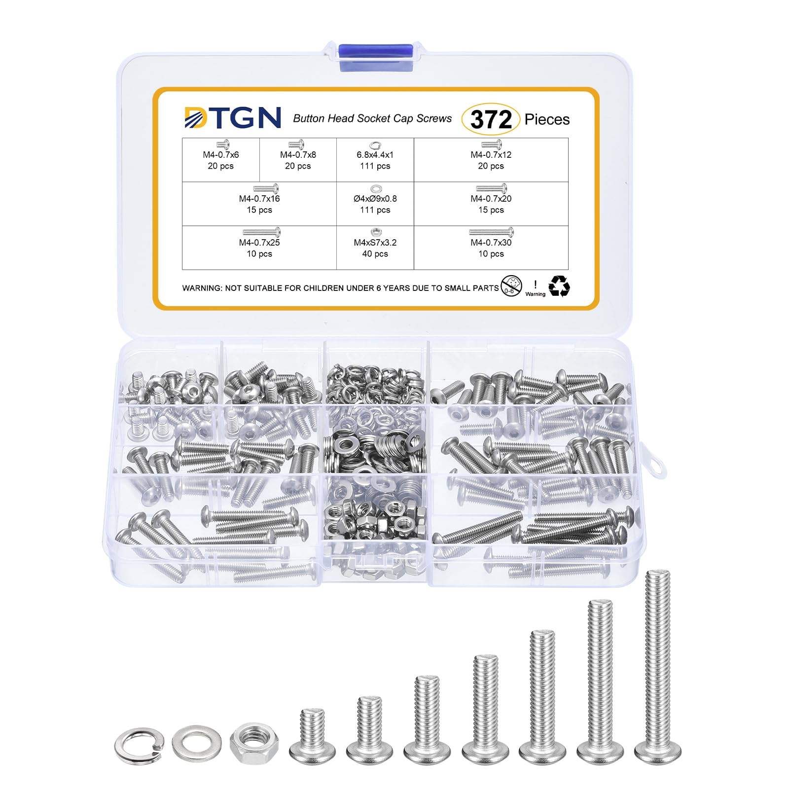 DTGN 372Pcs M4-0.7x6/8/12/16/20/25/30mm Button Head Socket Cap Screws, 304 Stainless Steel Bolt Nut Set Washer Assortment Kit