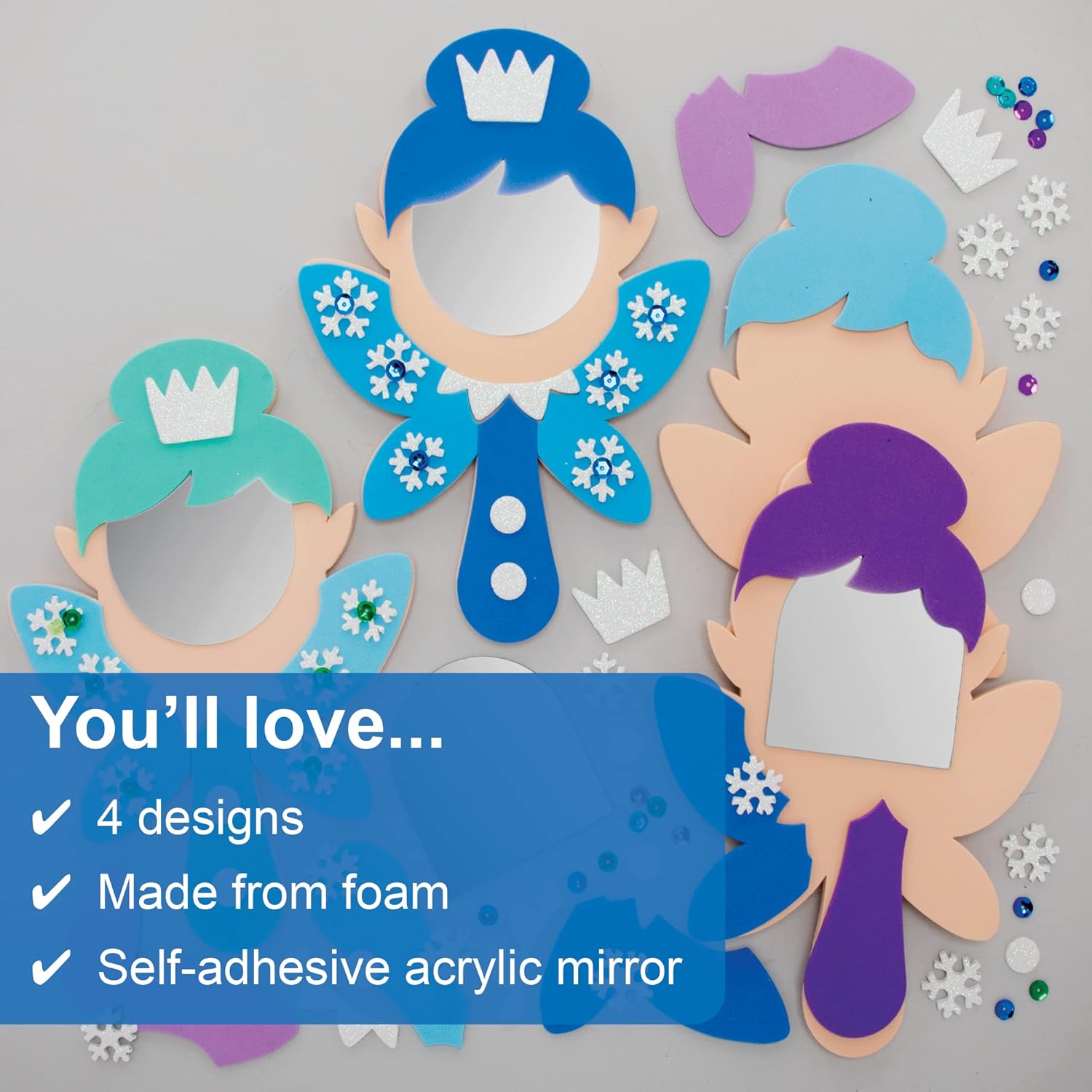 Baker Ross FE876 Winter Fairy Mirror Kits - Pack of 4, Make Your Own Mirrors, Foam Crafts for Children to Make and Decorate,