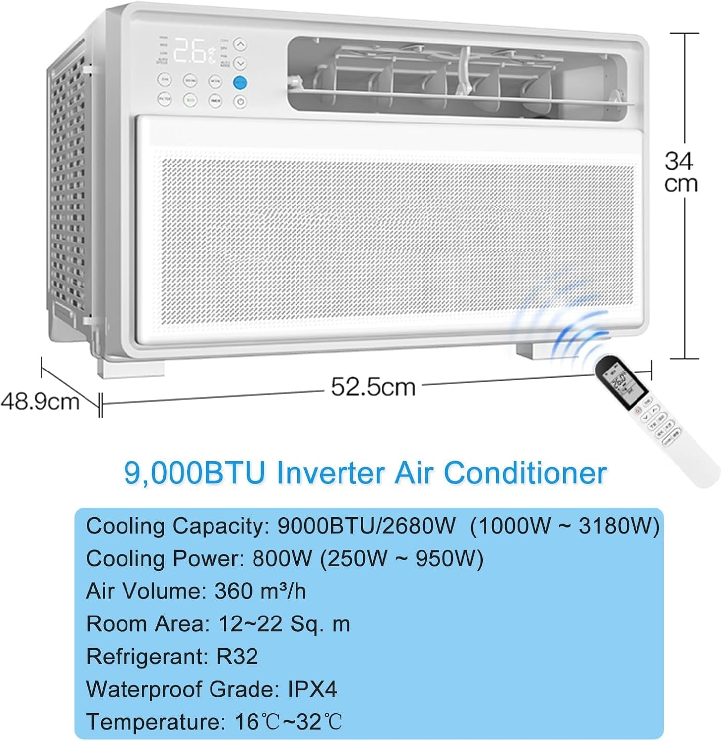 Aire Acondicionado De Ventana Inverter De Bajo Consumo, Unidad De 9000 Btu con Control Remoto Y Termostato, Enfría 20 M², Temporizador De 24 Horas para Dormitorio Y Sala De 9000BTU/2680W