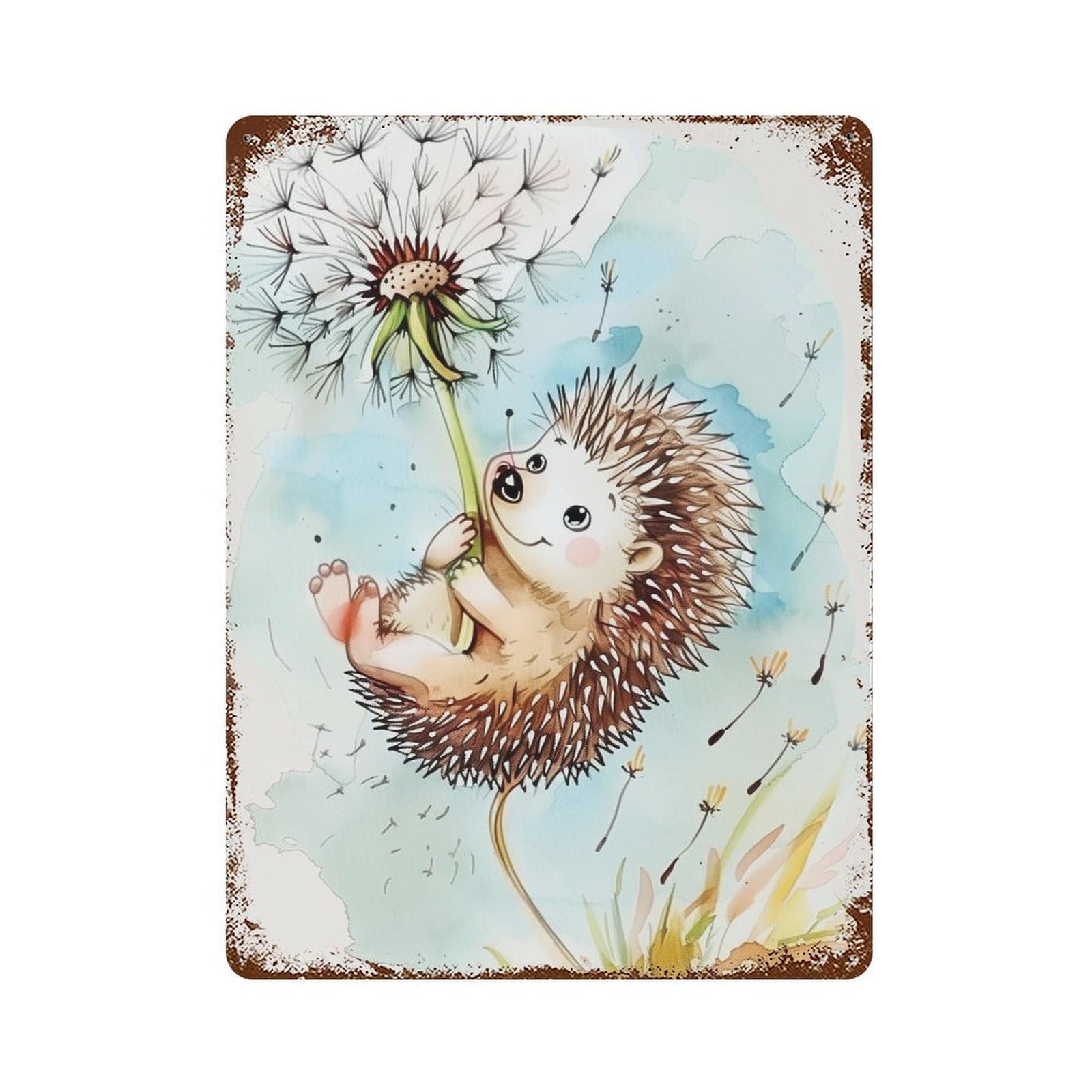 Cute Hedgehog with Dandelion Rust Effect Tin Sign 15.7"x11.8", Novelty Wall Decor for Patio, Garden Room And Bar Decor