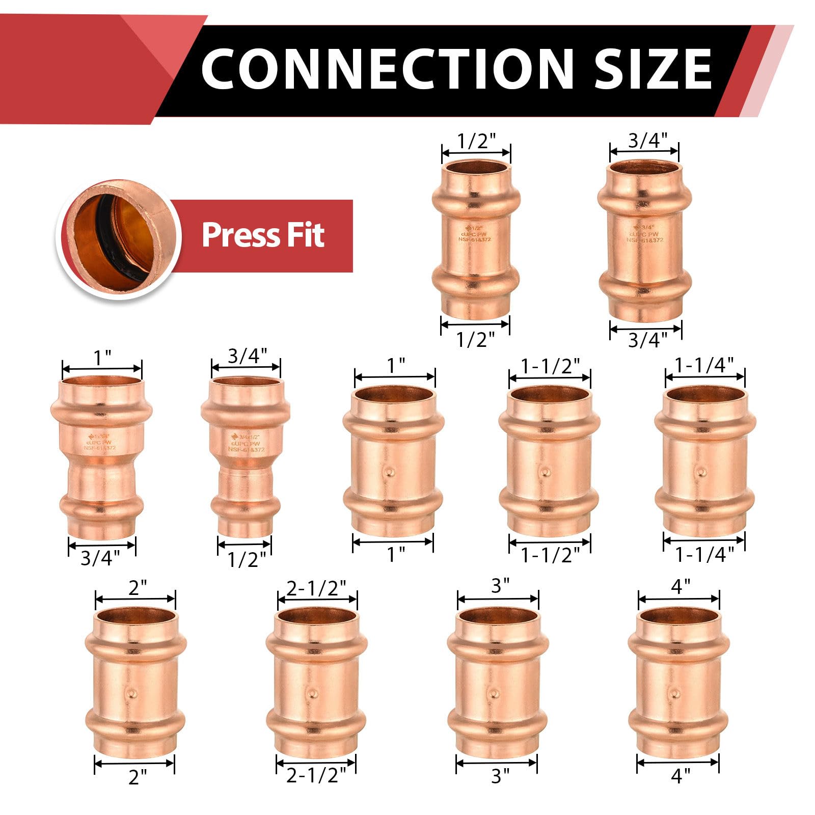 EFIELD - 10 accesorios de acoplamiento de prensa de cobre de 0.5 x 0.5 pulgadas con tope | Para conexión de tubo de cobre, LBP Design-PRESS001 (10)