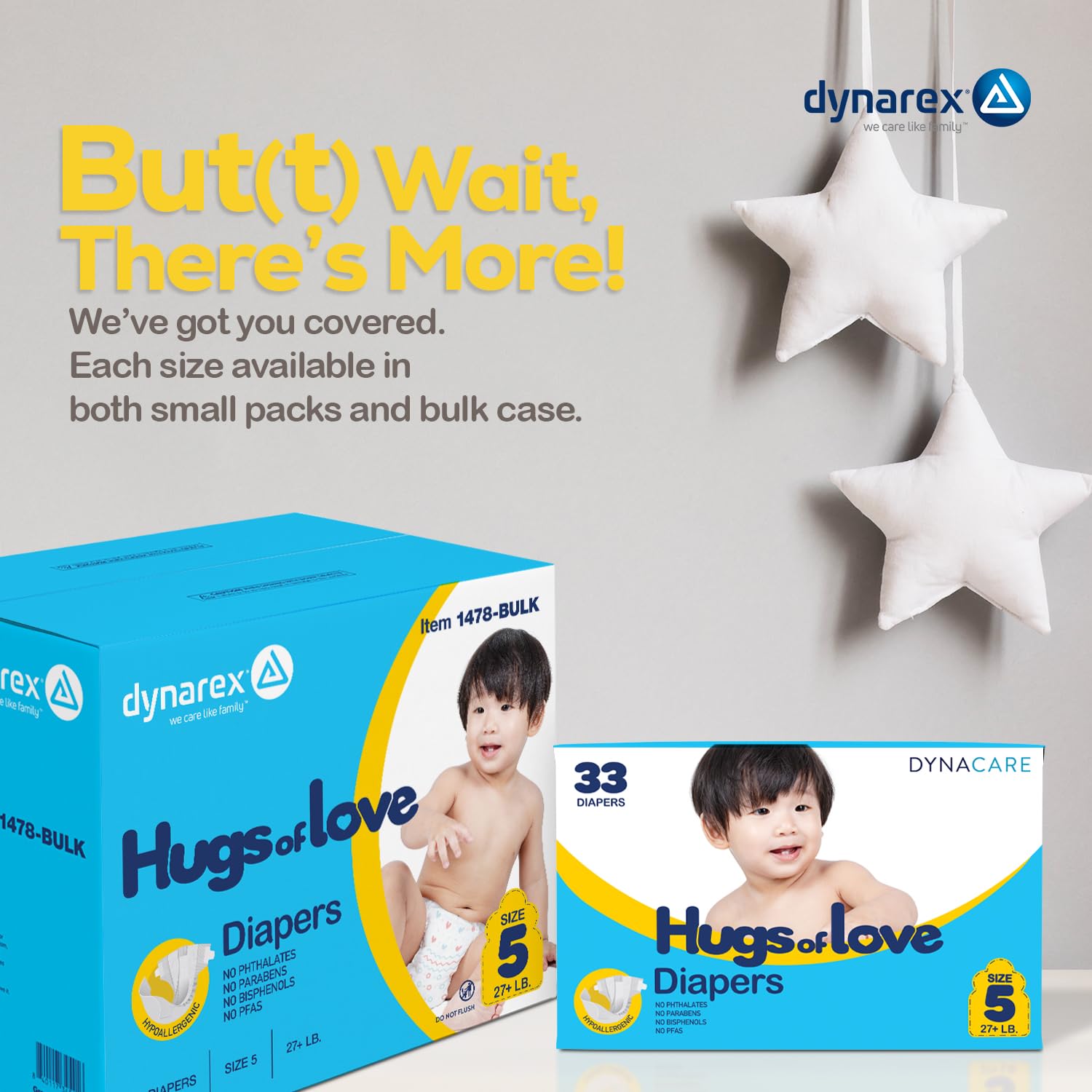 Dynarex Hugs-of-Love Diapers Size 5 (27+ lb) Baby Diapers - High Absorbency, Leak Protection, Soft Comfort, 132 Diapers per Case