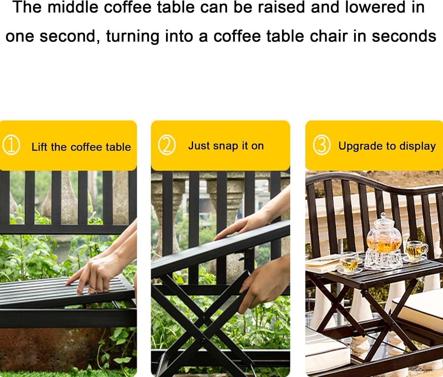 Outdoor Metal Bench Seat, Lawn Bench Park with Back and Armrests, Loveseat Chair with Liftable Table, Patio Bench Chair for Indoors(White)