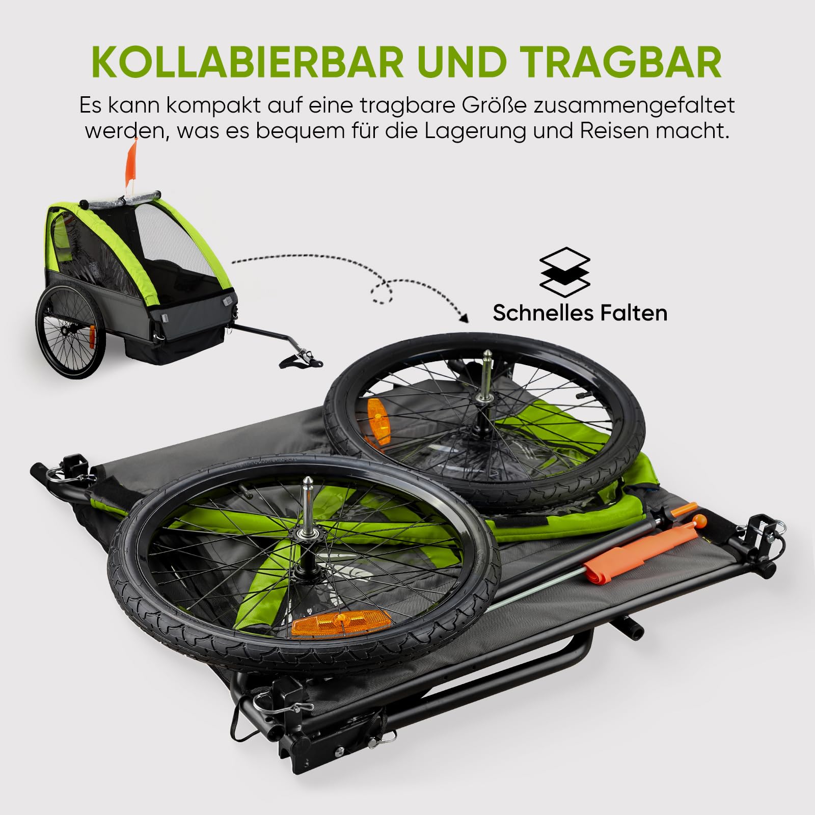 SEPNINE Kinderanhänger für Fahrrad, Fahrradanhänger für 1-2 Kinder, mit 5-Punkt-Sicherheitsgurt, Luftreifen, Handbremse, Faltbar, Max. 40 kg (Grün)