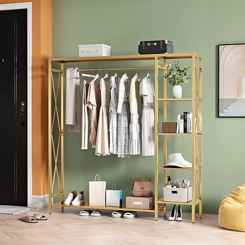 Miniatura 2 de TIEOU Percheros de ropa modernos dorados independientes, perchero de ropa dorado con estantes para boutiques, perchero resistente para colgar ropa,