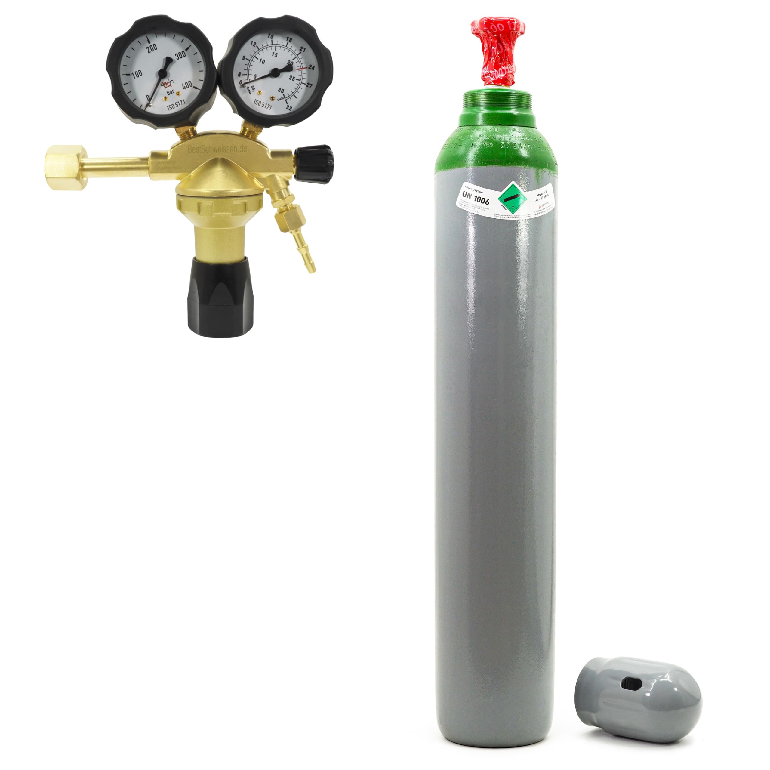 Argon Gasflasche Schutzgasflasche Argon 10L mit Druckminderer Argon - Gefüllte Argon-Flasche 200 Bar + Druckminderer Ar/CO2 Typ GCE 24 l/min BestSchweissen.de für TIG MIG MAG Schweißen