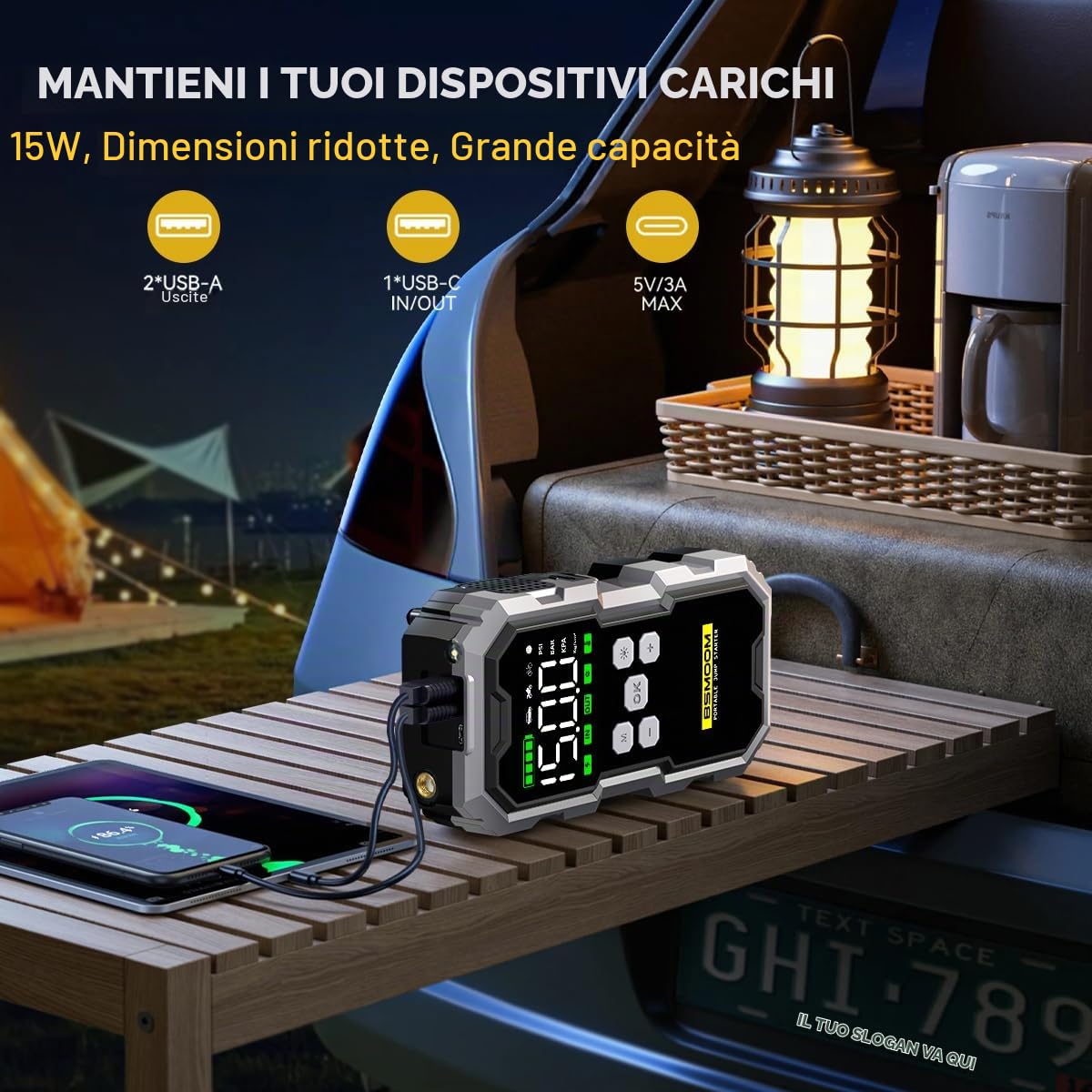 Avviatore di emergenza da 6000 A con compressore d'aria 150 PSI, power bank da 12 Volt (tutti i gas/diesel da 10 litri), alimentatore di avviamento per auto con cavi di avviamento, 3 luci, display LCD