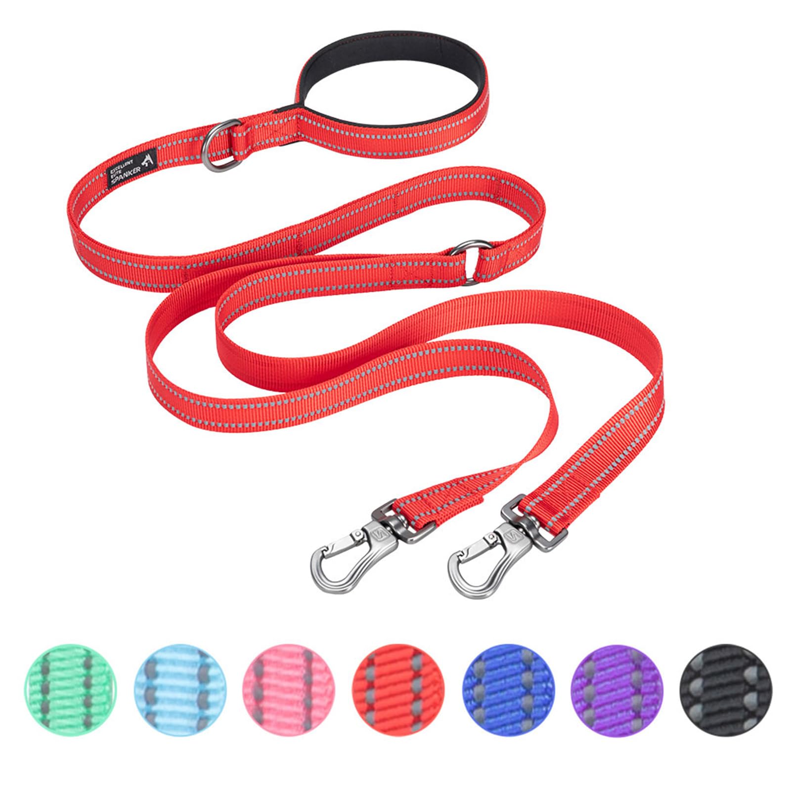 EXCELLENT ELITE SPANKER Laisse double réfléchissante en nylon avec poignée rembourrée pour deux chiens - Rouge