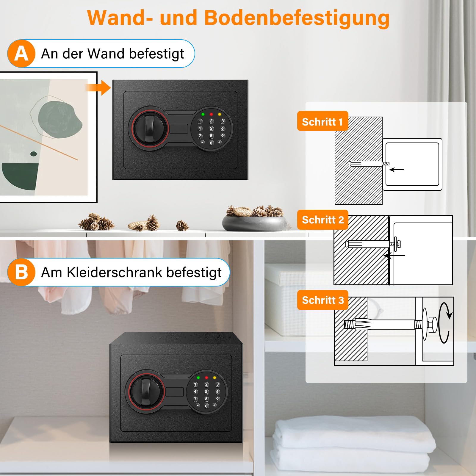 Mini Safe Tresor mit Zahlenschloss Schlüssel, MöBeltresor Klein mit Feuerfeste Tasche, Kleiner Tresor für Zuhause Sicherheitssafe,Tresore Kinder für Geld Medikamente Wertsachen Bargeld