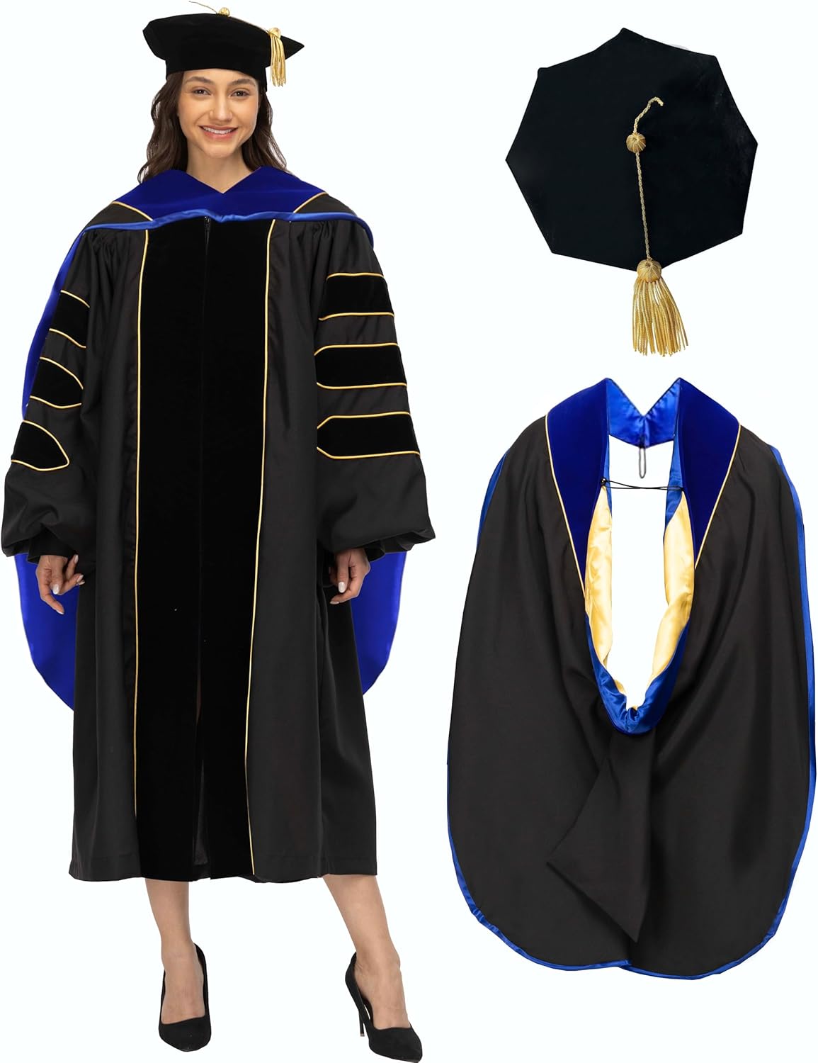 Unisex Deluxe Doctoral Graduation Gown Doctoral Hood and Tam 8 Sided Package