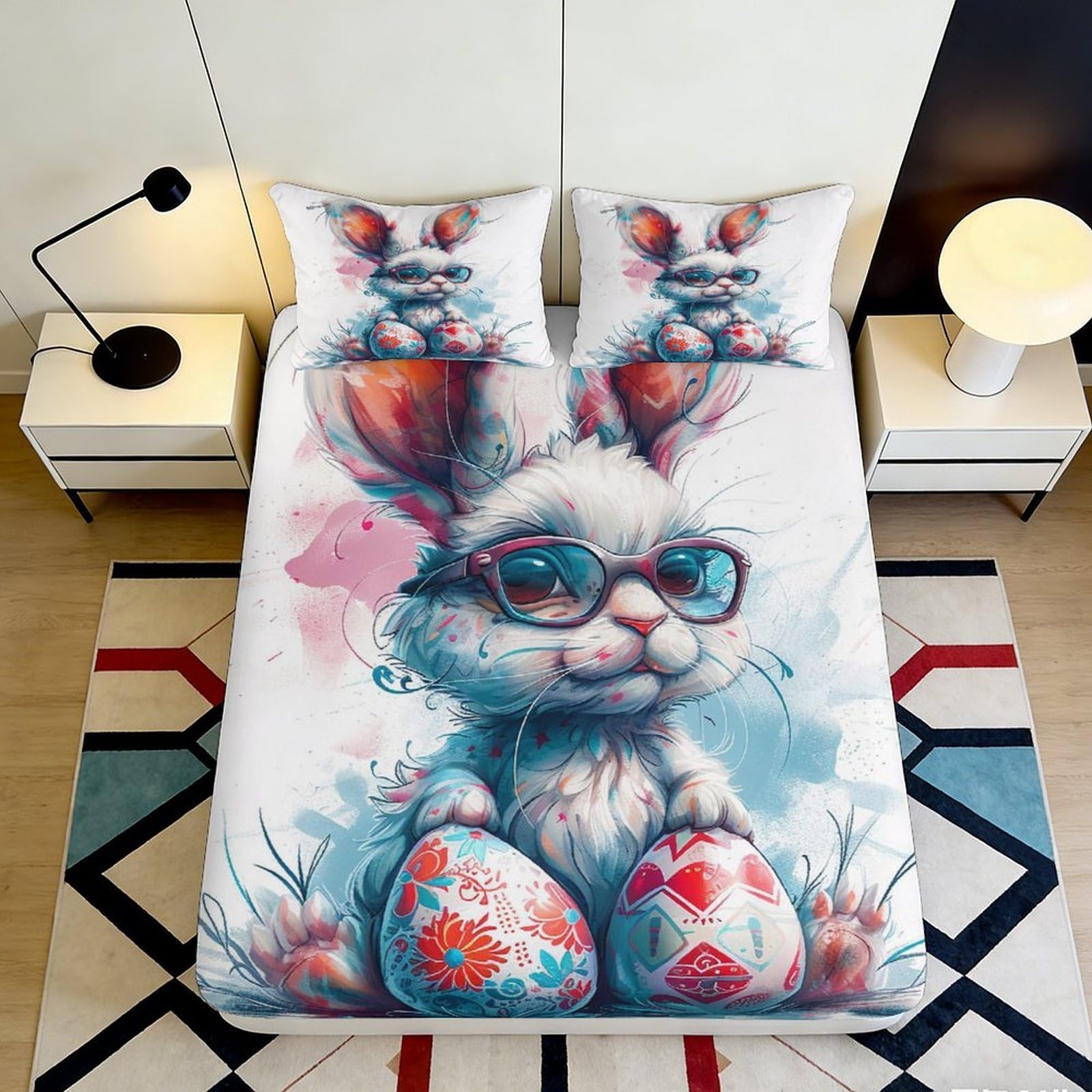 3D Printed Cartoon Bunny Fitted Sheet Microfiber Deep Pocket Bedroom Set Bunny Mattress Fitted Cover Washable 120x200x25cm