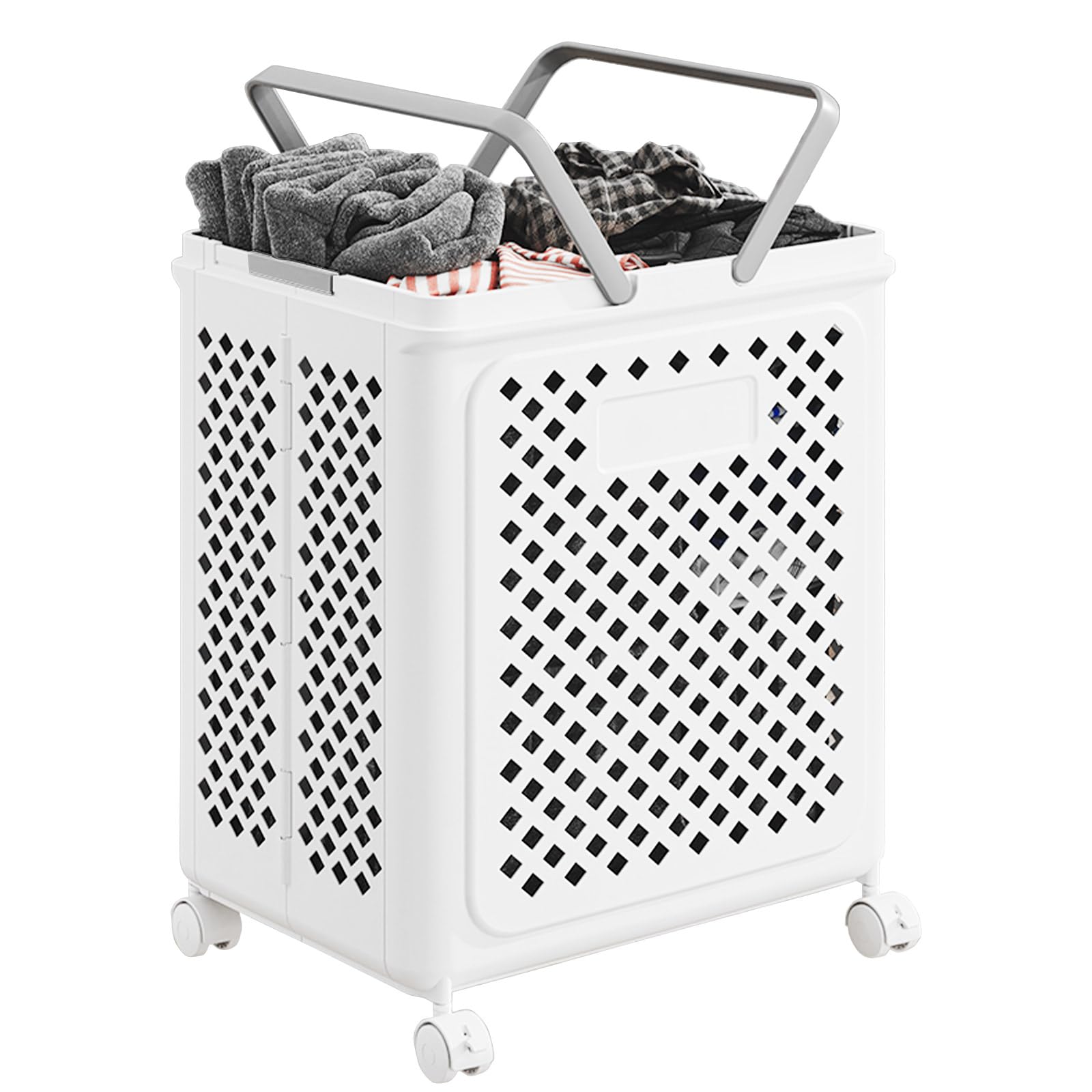 Panier à Linge Pliable avec Roulettes en Plastique | Couleur Blanche, Gain de Place, pour Vêtements Serviettes Jouets, Salle de Bain Buanderie Chambre