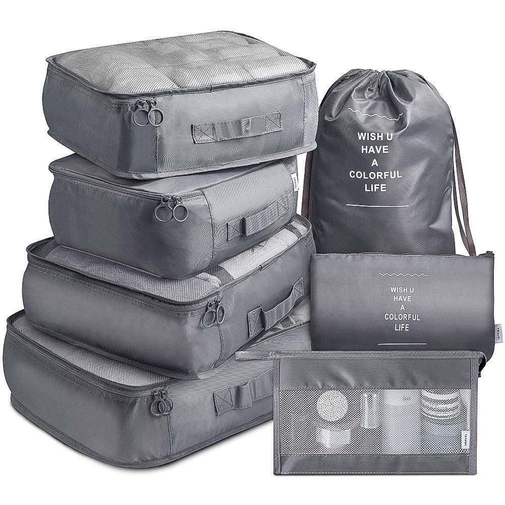 House of Quirk 7Pcs Set Travel Organizer Packing Cubes Lightweight Travel Luggage Organizers With Laundry Bag Or Toiletry Bag (Grey, Fabric), 12 Cm,30Cm