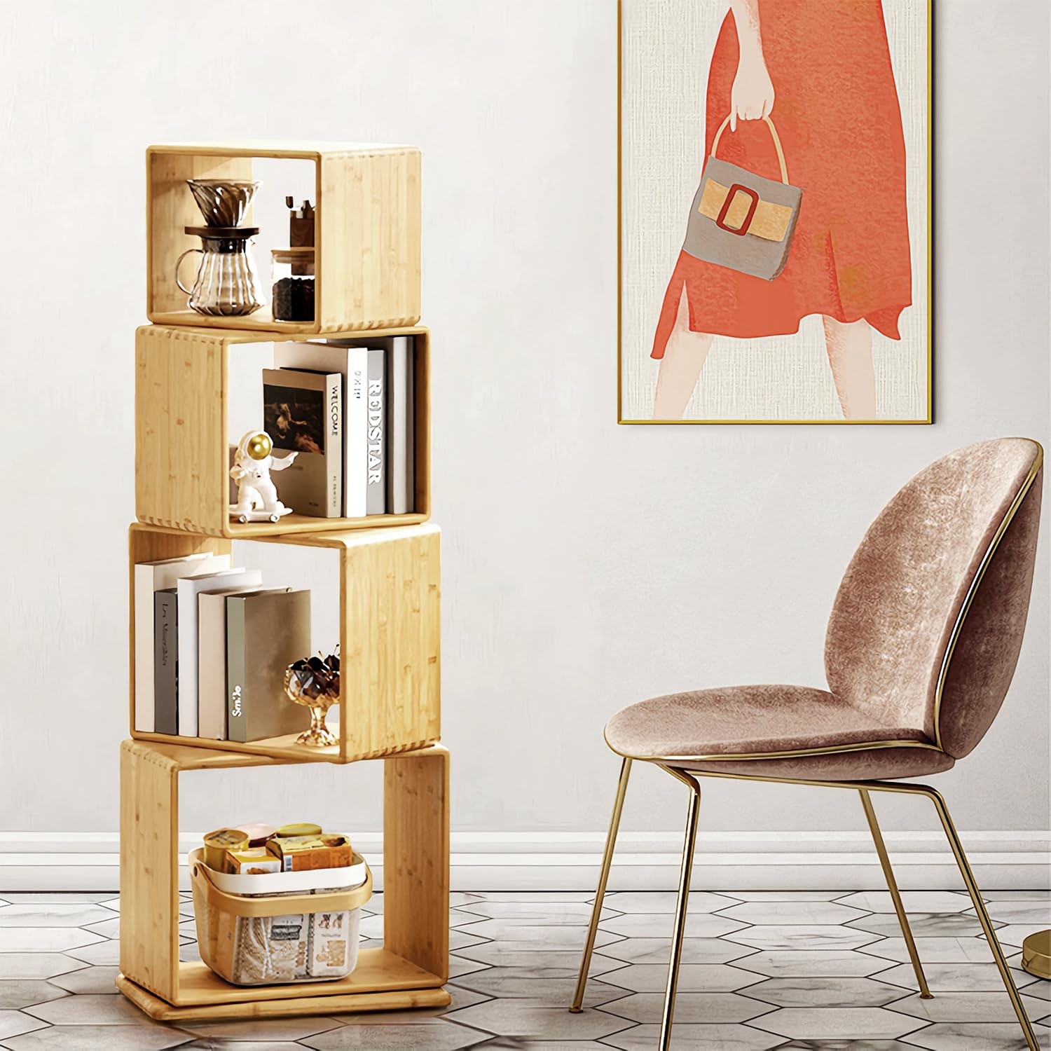 Drehbares Bambus-Würfel-Bücherregal | Freistehendes modernes Display-Speicher-Organisator-Bücherregal-Turm | Eck-Bücherregal & Beistelltisch für Wohnzimmer, Schlafzimmer, Heimbüro (Groß, Etagen, 4)