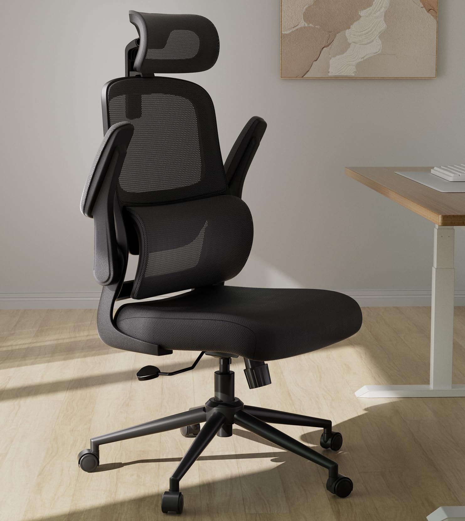 Hbada P1 Ergonomic Office Chair, Desk Chair with Adjustable Lumbar Support, Home Office Desk Chair with 2D Headrest, Flip-up Armrest, Swivel Computer Chair, Black