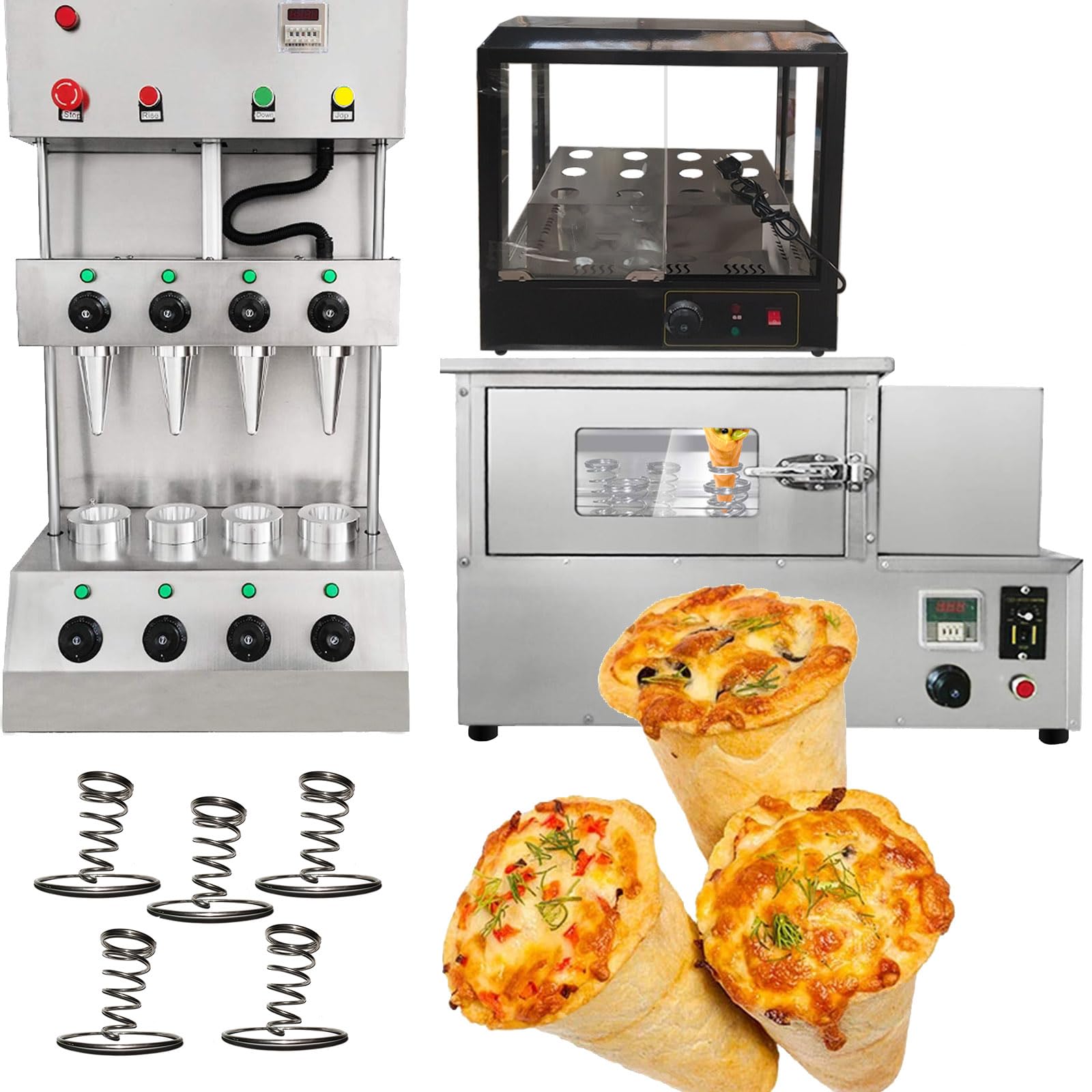 TXMACHINE® Pizza cone machine 4 cone maker with pizza oven,display warmer,pizza cone making machine,4 shapes (4 cone maker+oven+display warmer, 120V/60HZ)