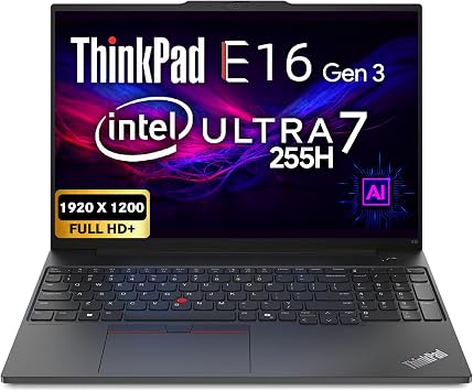 Lenovo ThinkPad E16 Gen 3, 16" FHD+ IPS Display, Intel Ultra 7 255H, 32GB DDR5 RAM, 1TB SSD PCIe, Fingerprint, Backlit Keyboard, WiFi 6E, RJ-45, FHD Webcam, Win 11 Pro, AI Business Laptop - Black