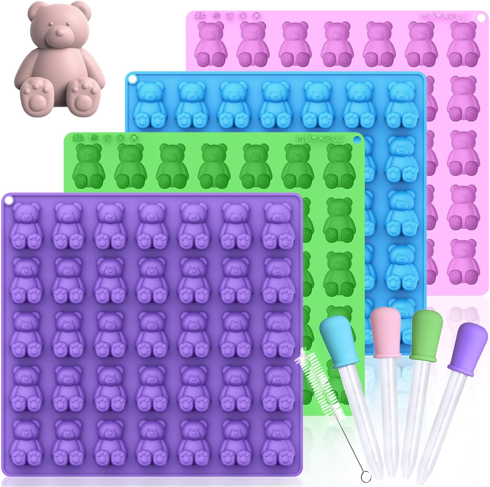Gummy Bear Molds Silicone 5ML Large 4pcs Candy Trays for 140 Cavity Chocolate Jello, No Stick Bpa Free Ice Mould, With 4 Droppers and Brush, Ideal Gift for Kids Candies Lovers