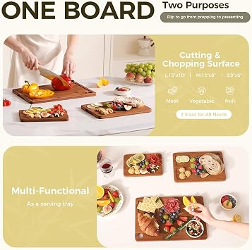 Bamboo Cutting Board for Kitchen, 3-Piece Set with Juice Grooves, Side Handles & Non-Slip Mats Durable Bamboo Chopping Board for Meat, Vegetables and Fruits